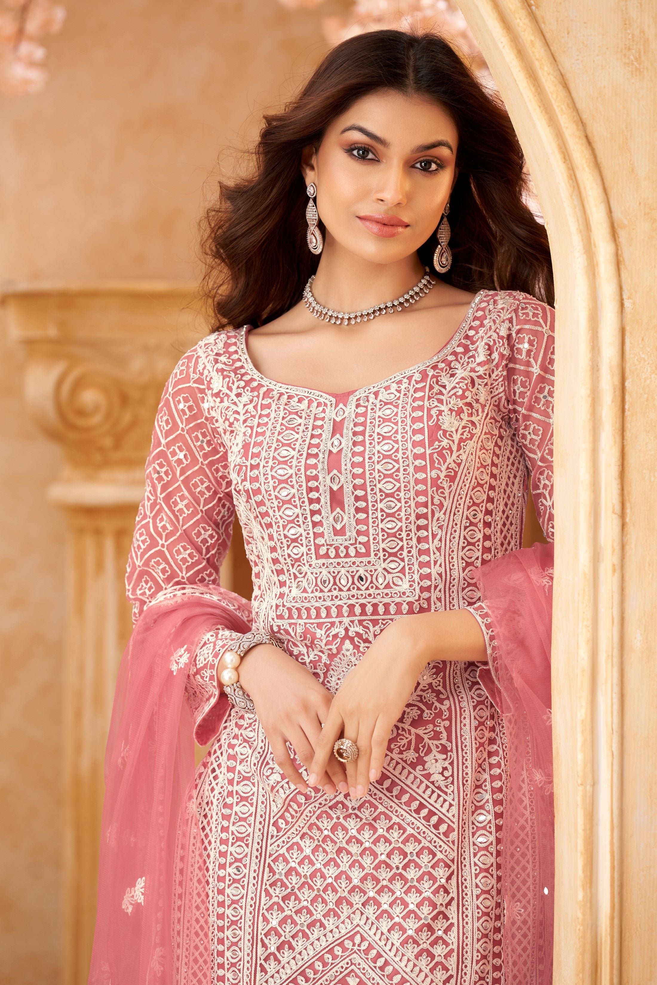 Salmon Pink Embroidered Premium Net Palazzo Set