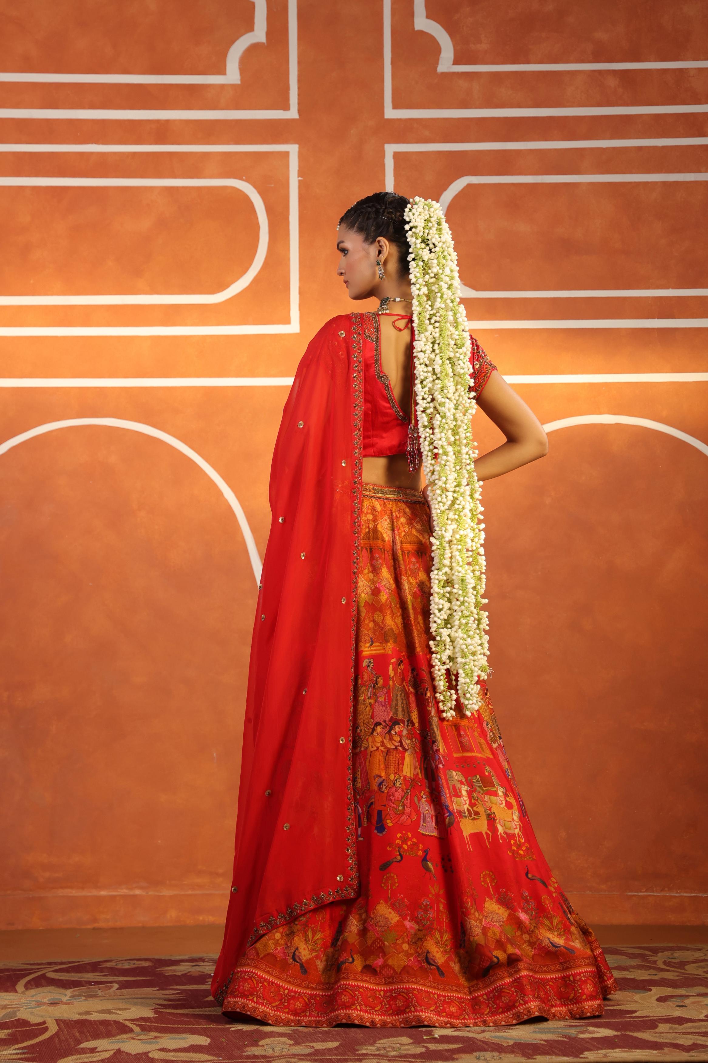 Warm Red Embroidered Silk Lehenga Set