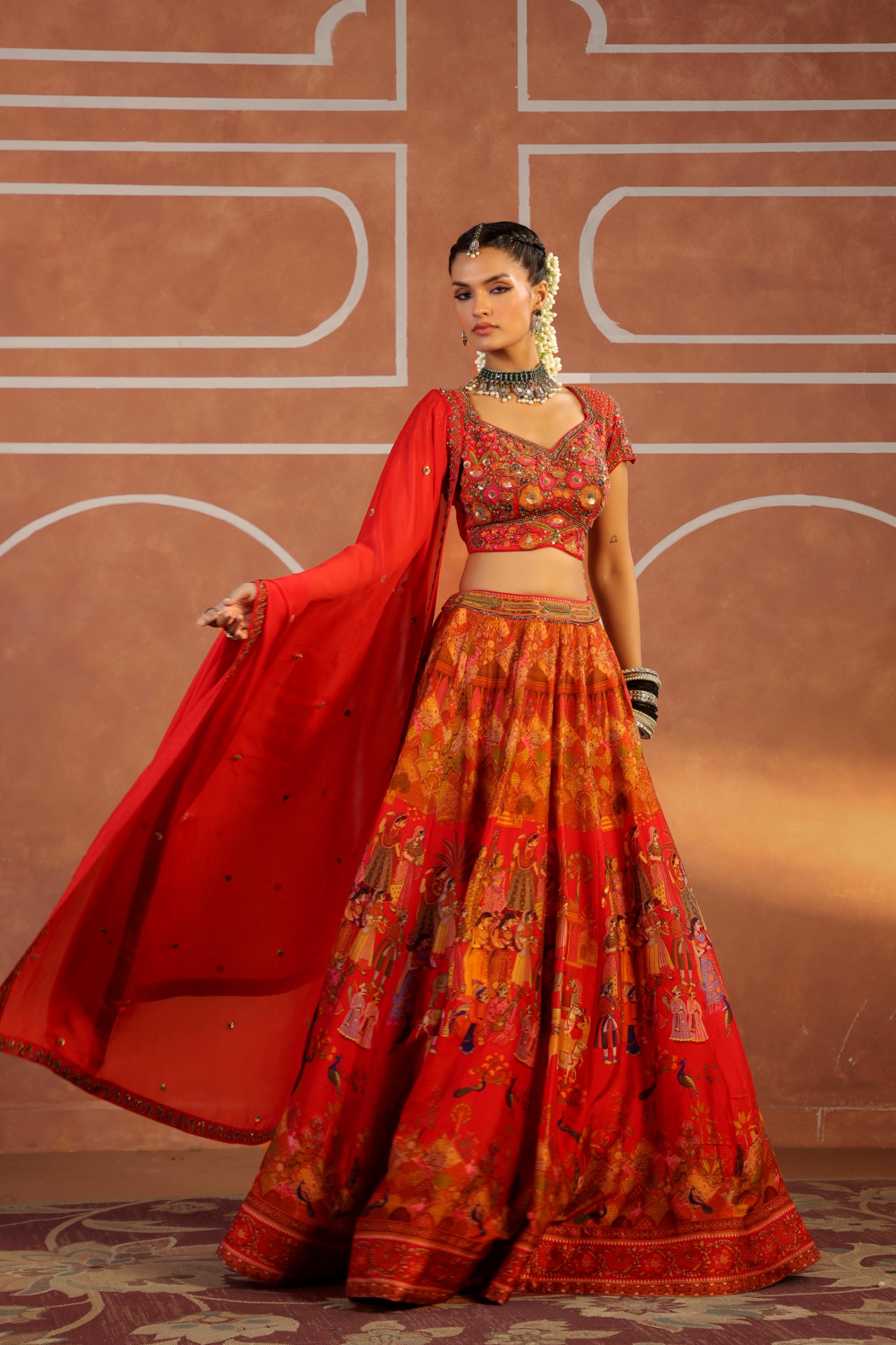 Warm Red Embroidered Silk Lehenga Set