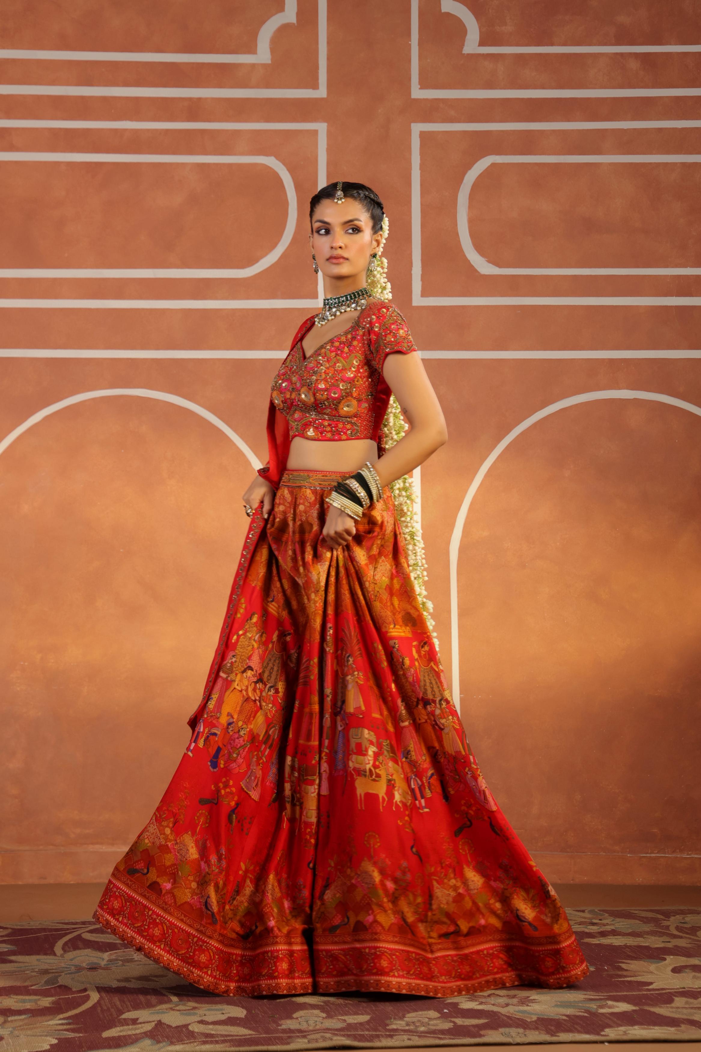 Warm Red Embroidered Silk Lehenga Set