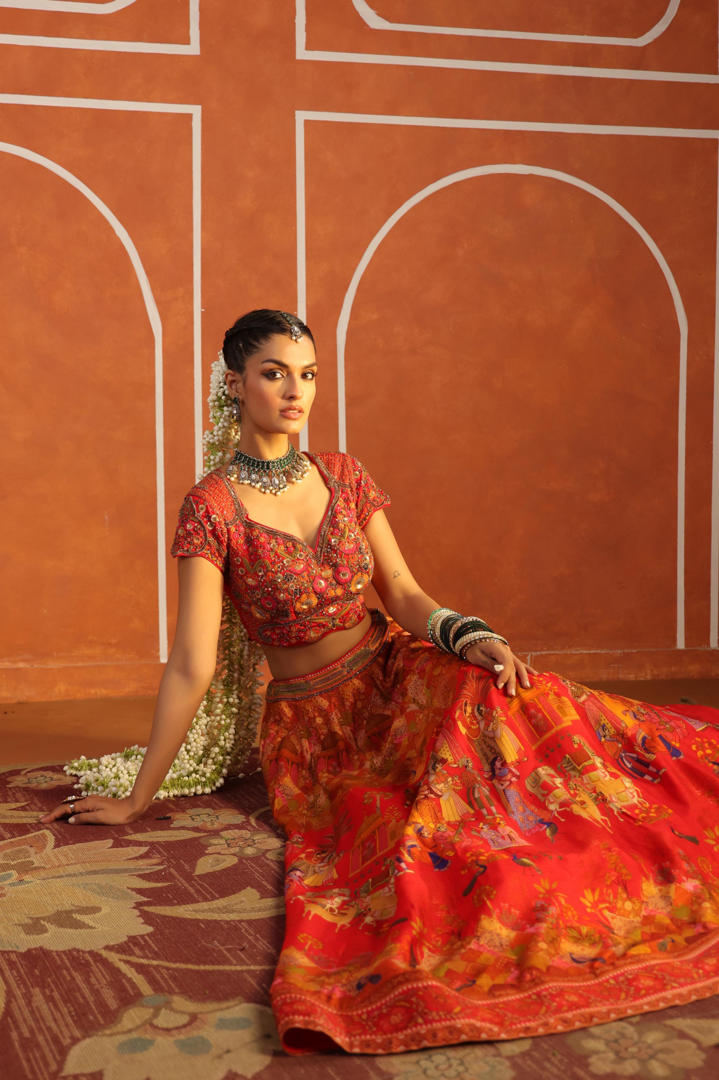 Warm Red Embroidered Silk Lehenga Set