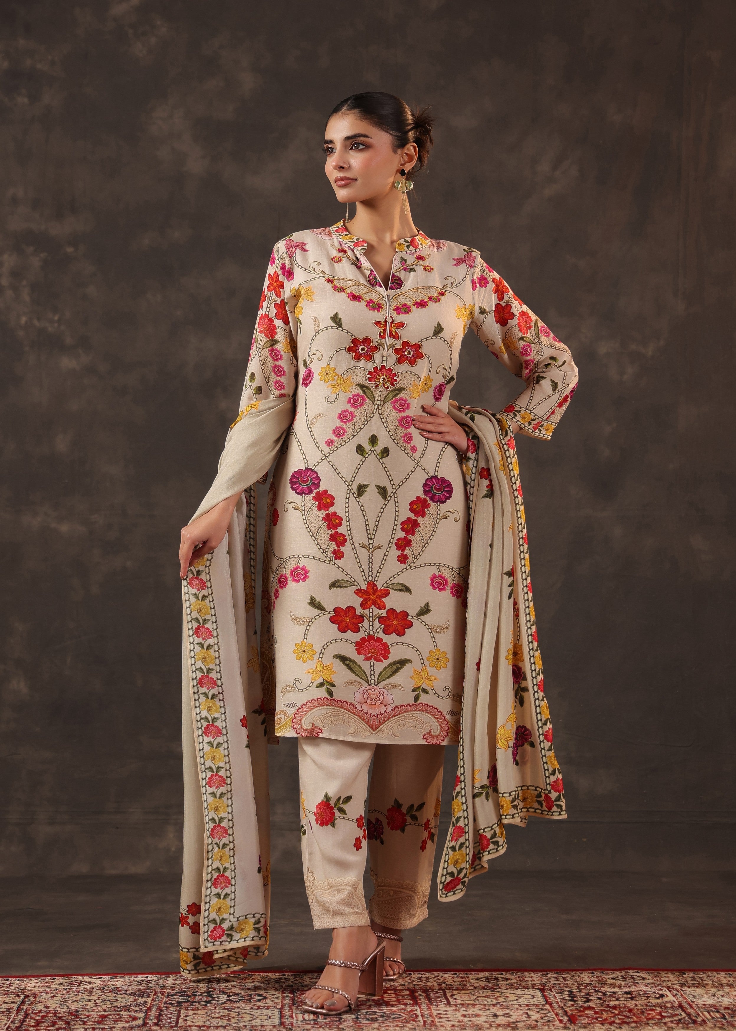 Oatmeal Beige Embroidered Premium Silk Pant Set