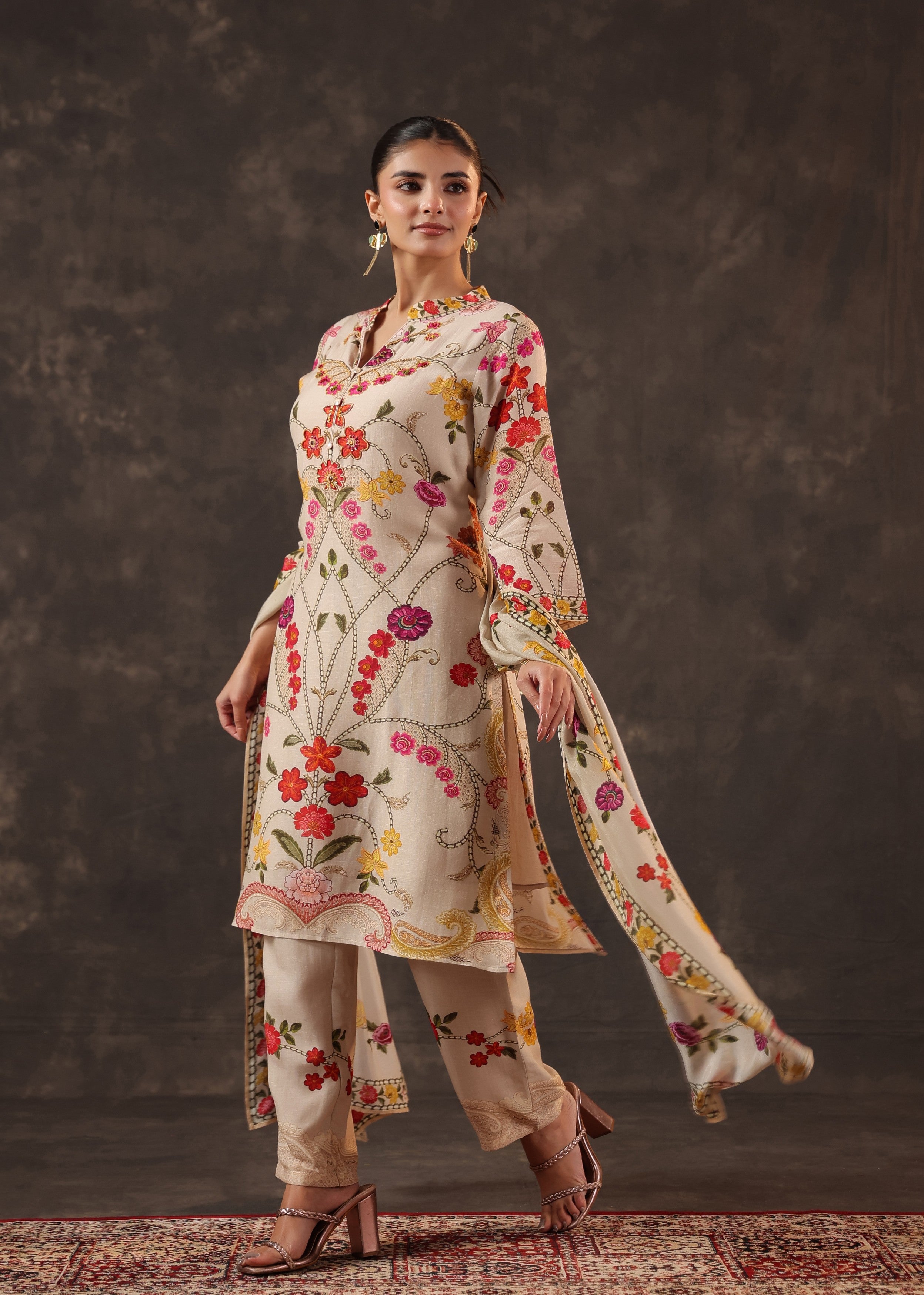 Oatmeal Beige Embroidered Premium Silk Pant Set