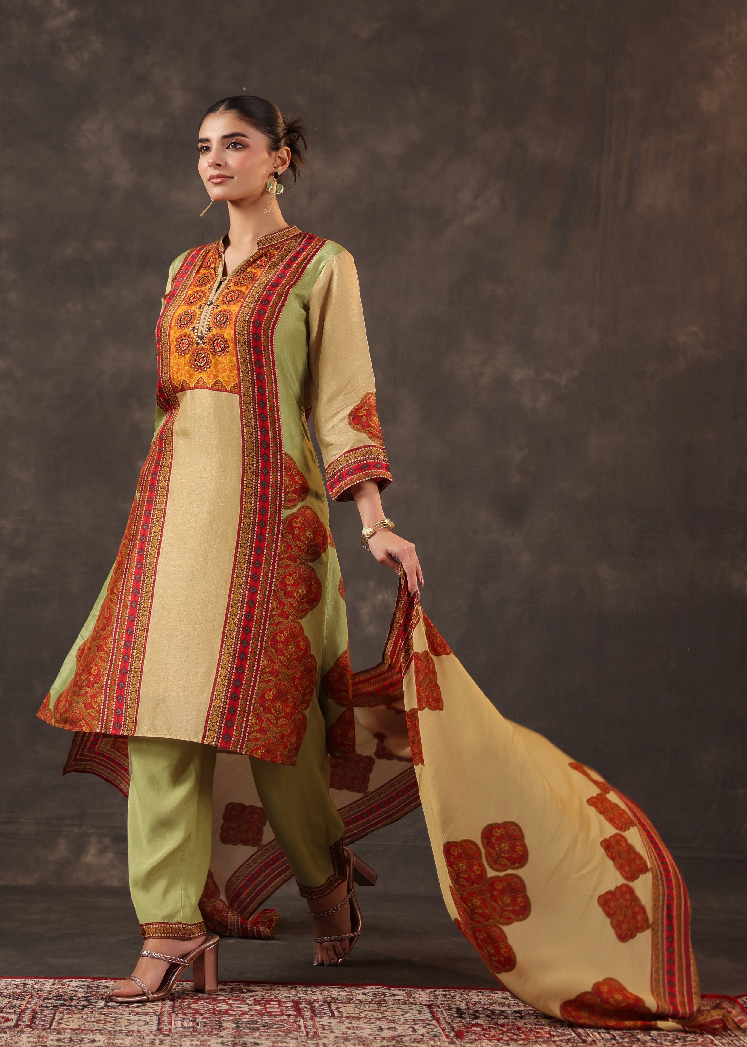 Garnet Gold Printed Premium Silk Pant Set