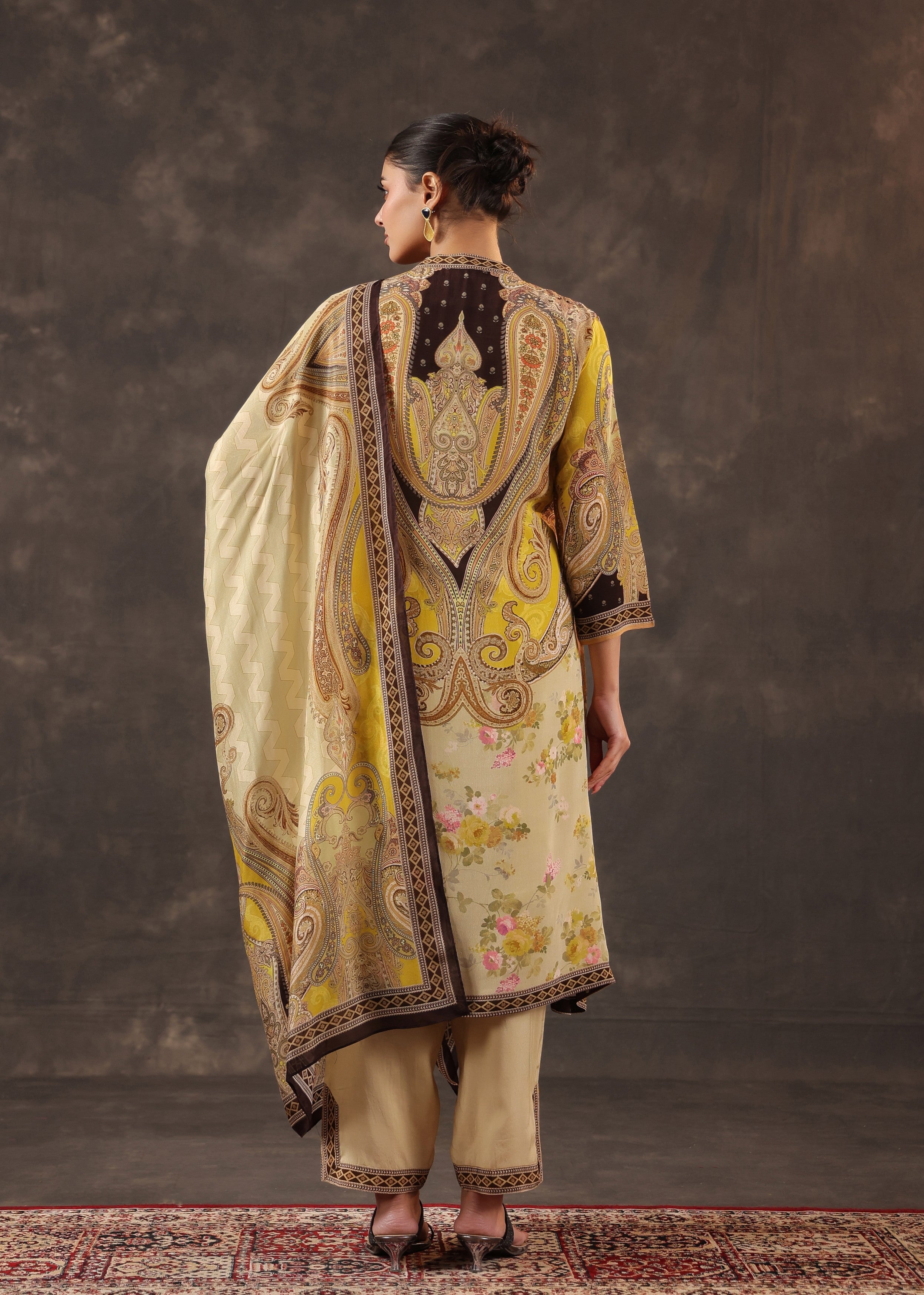 Vintage Sand Printed Crepe Silk Pant Set