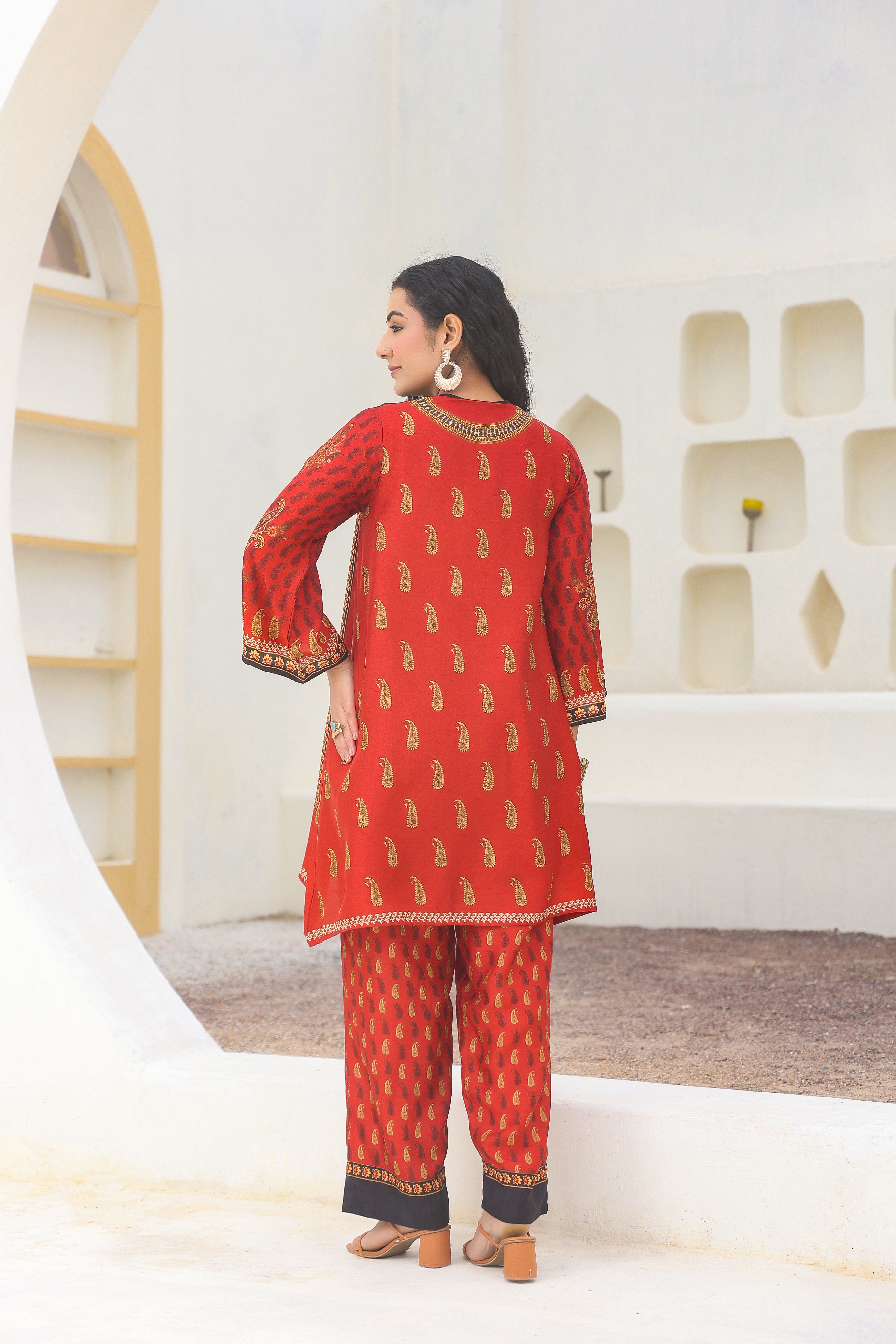 Royal Red Traditional Printed Dola Silk Kurta Pants Set