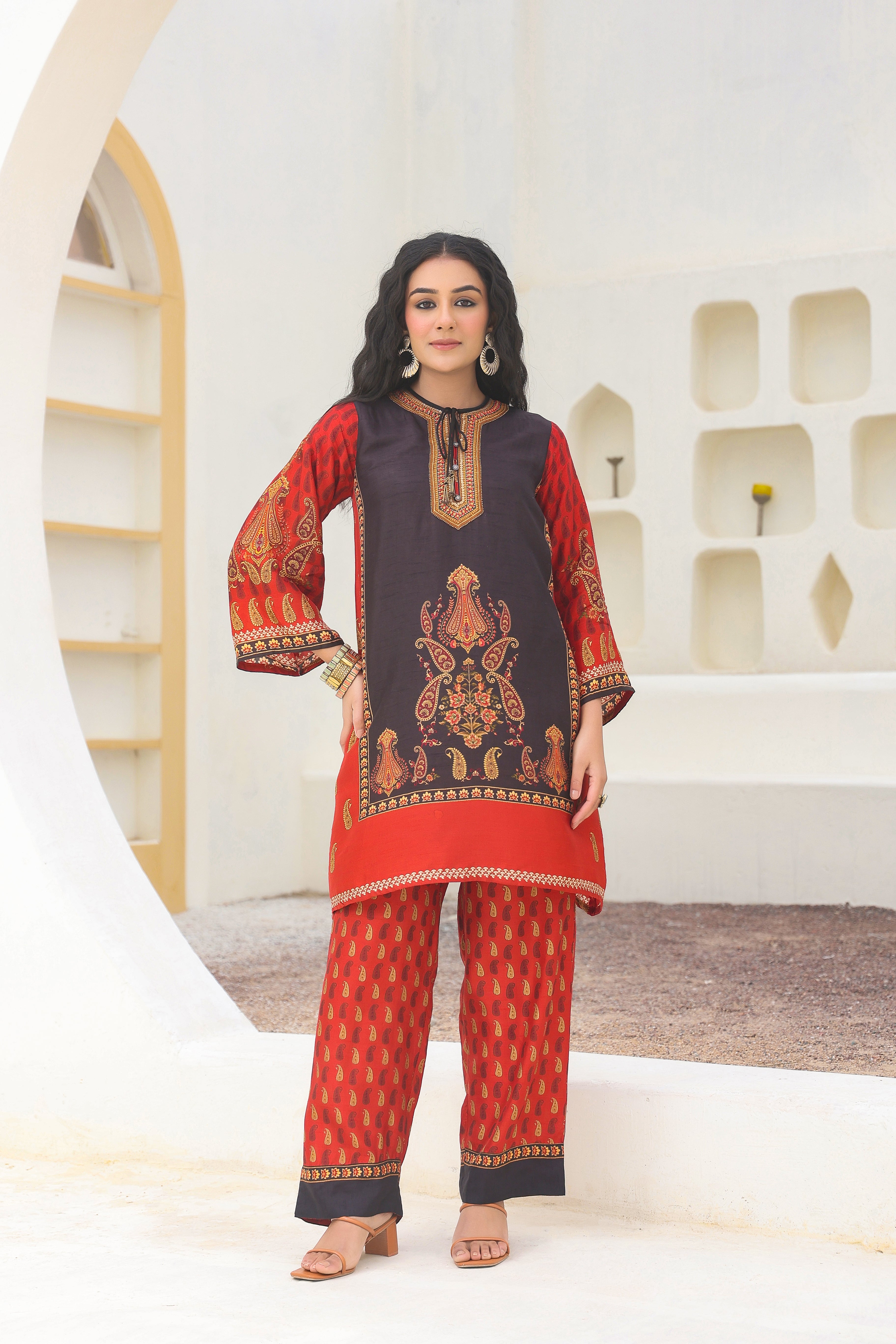 Royal Red Traditional Printed Dola Silk Kurta Pants Set