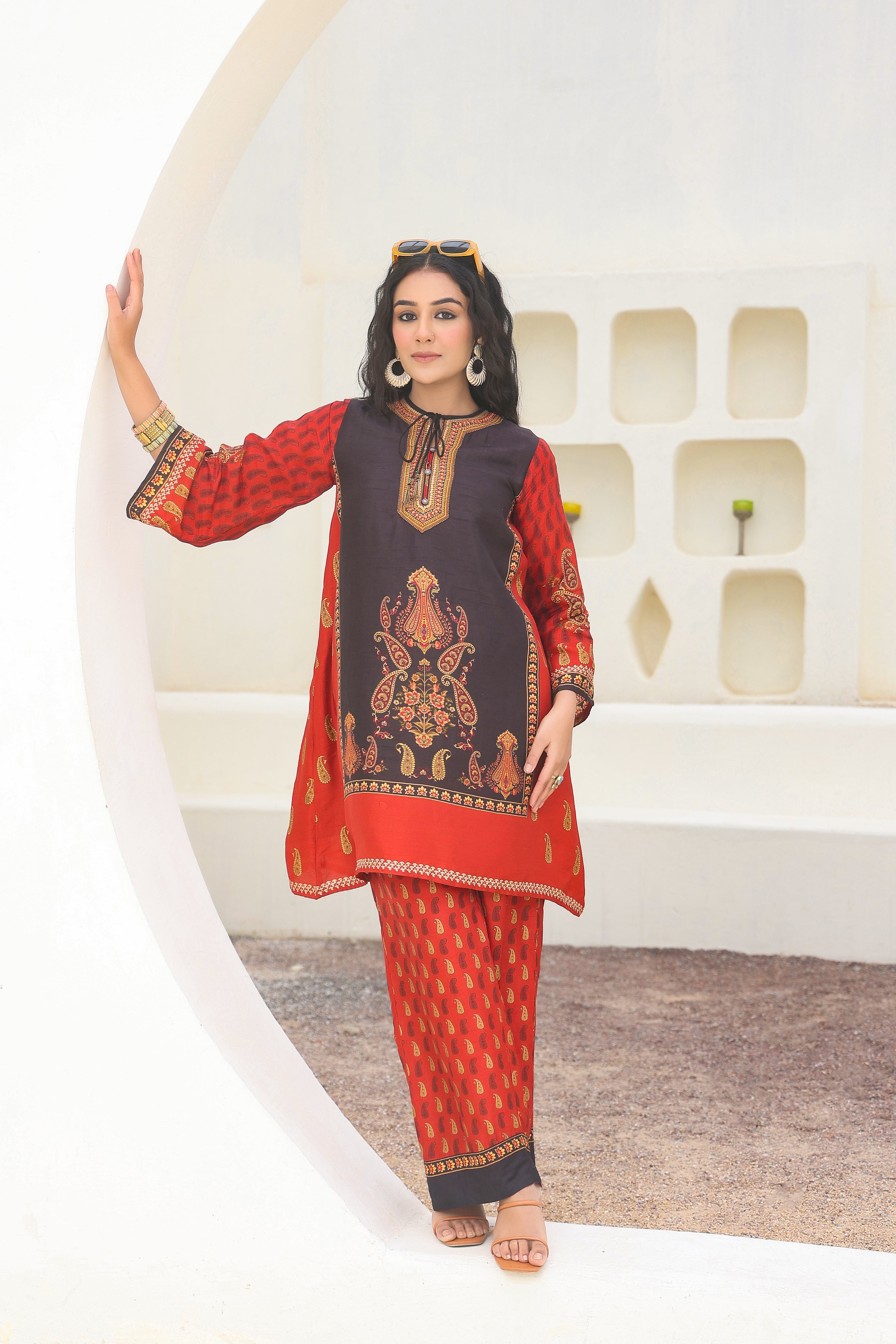 Royal Red Traditional Printed Dola Silk Kurta Pants Set