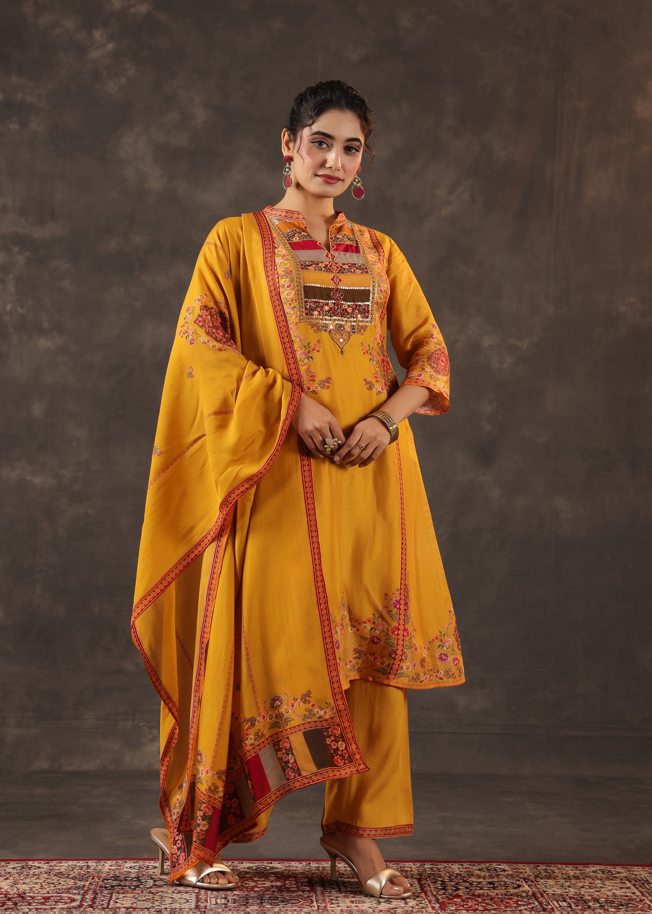 Dark Marigold Embellished Premium Silk Pant Set