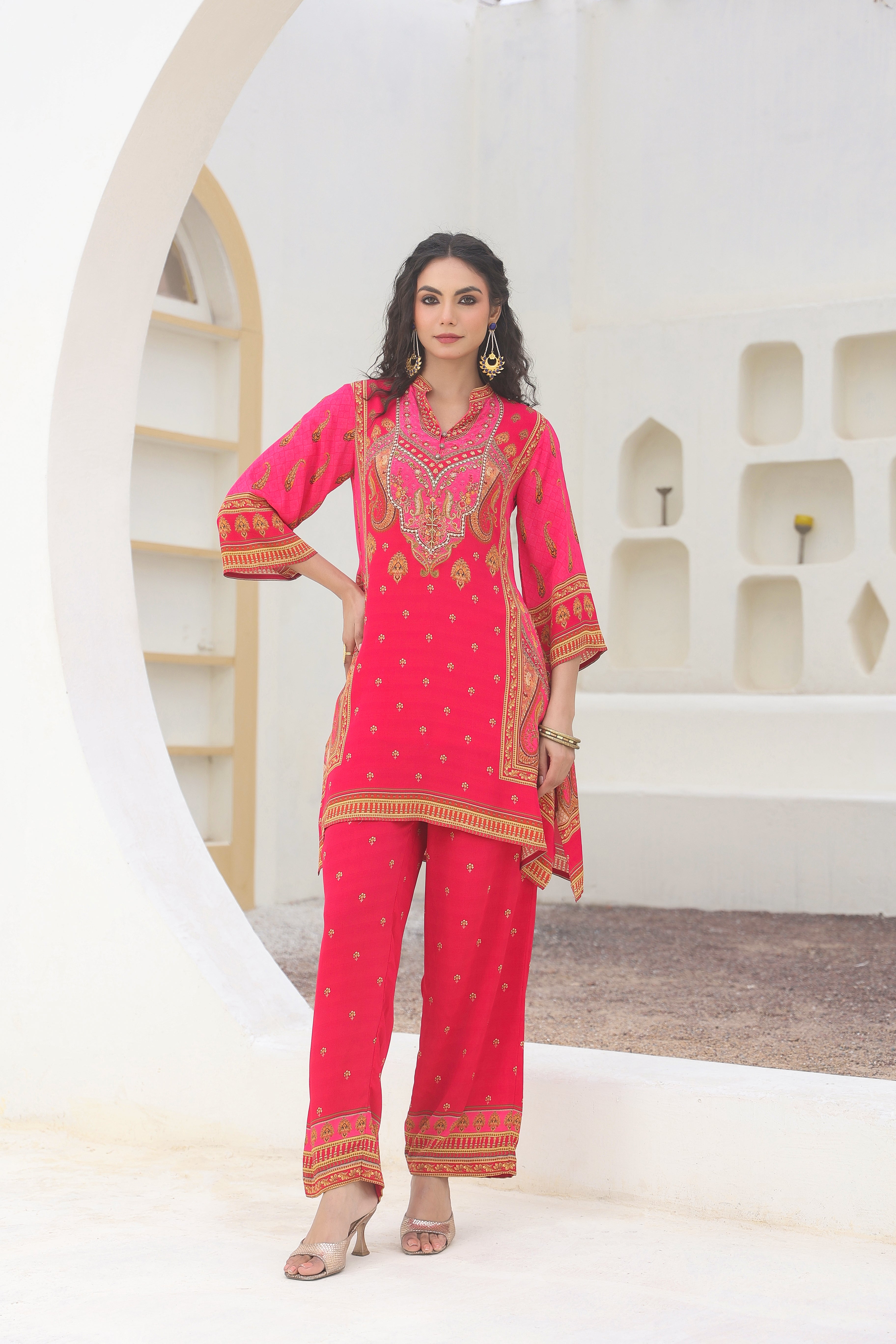 Cerise Pink Traditional Printed Crepe Silk Kurta Pants Set