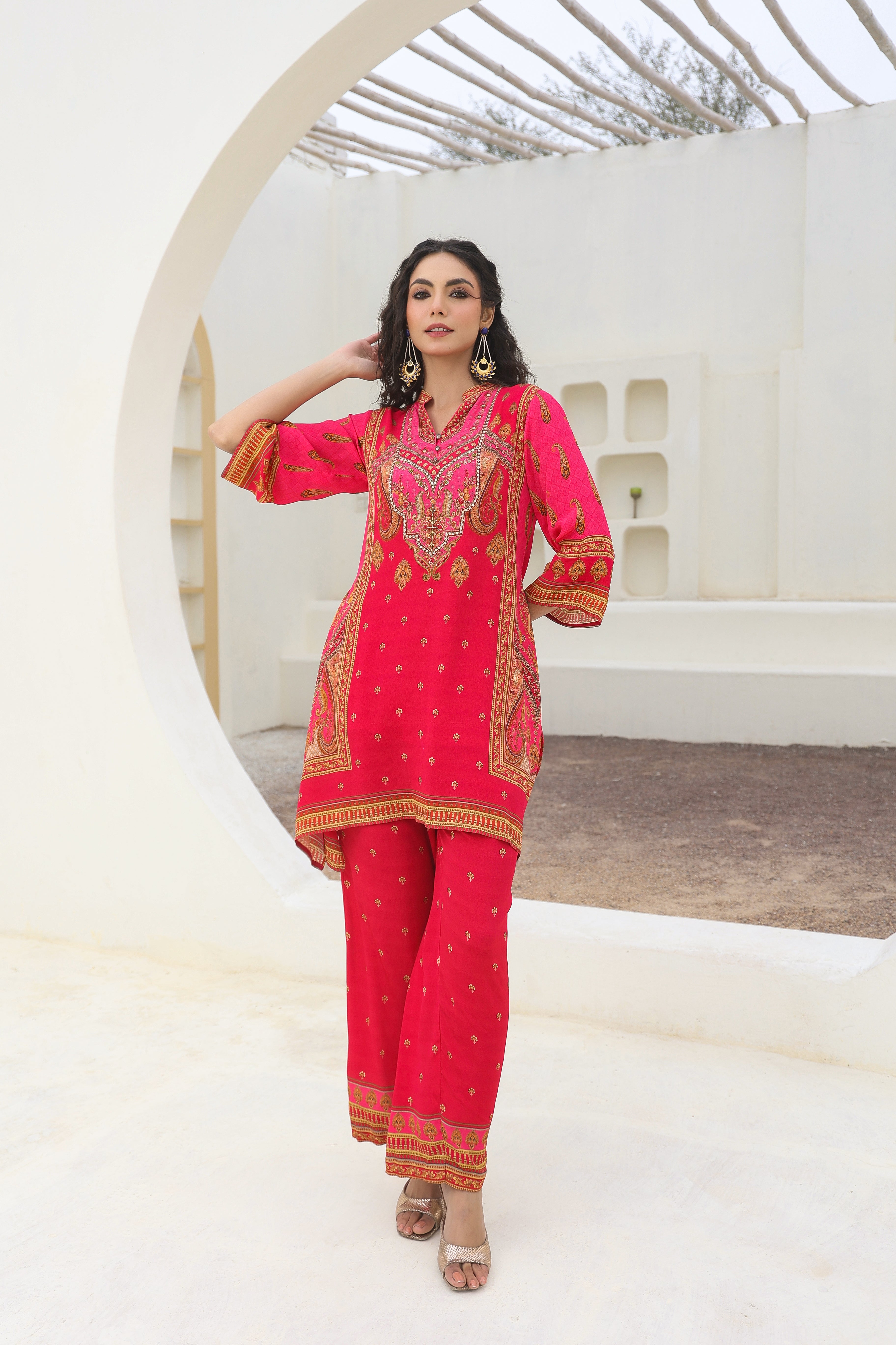 Cerise Pink Traditional Printed Crepe Silk Kurta Pants Set