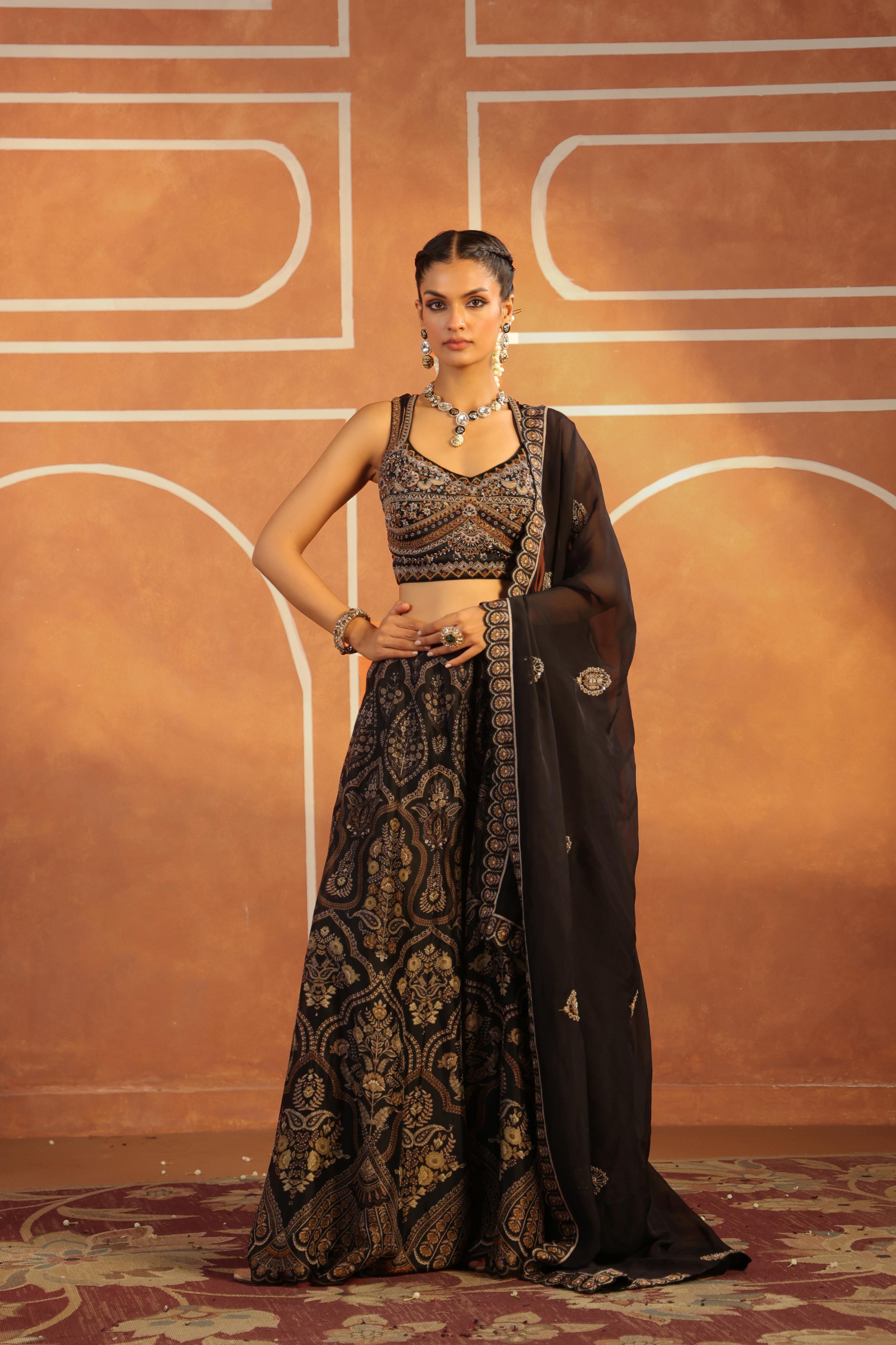 Black Printed Organza Silk Sharara Set