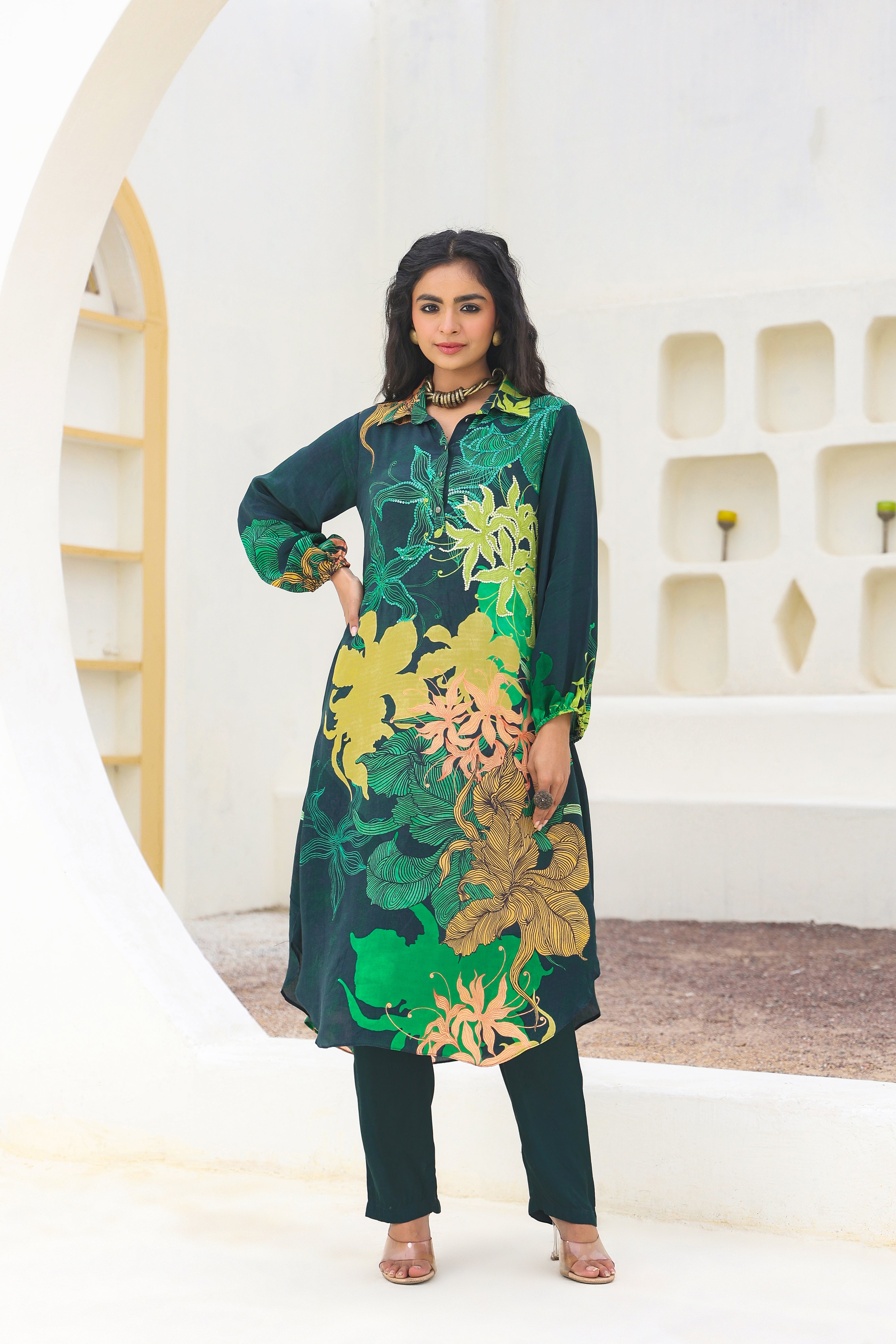 Emerald Floral Printed Crepe Silk Kurta Pants Set