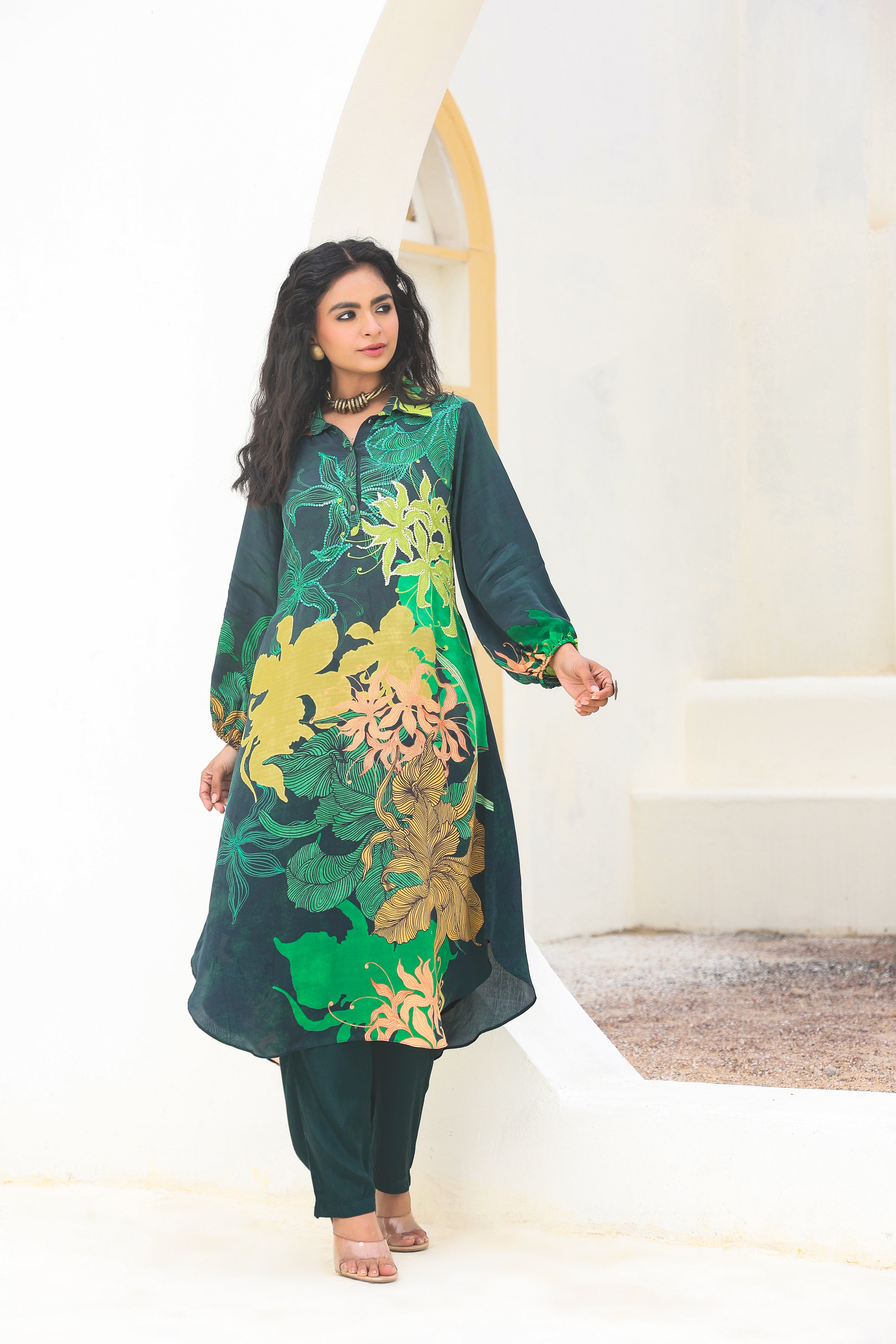 Emerald Floral Printed Crepe Silk Kurta Pants Set