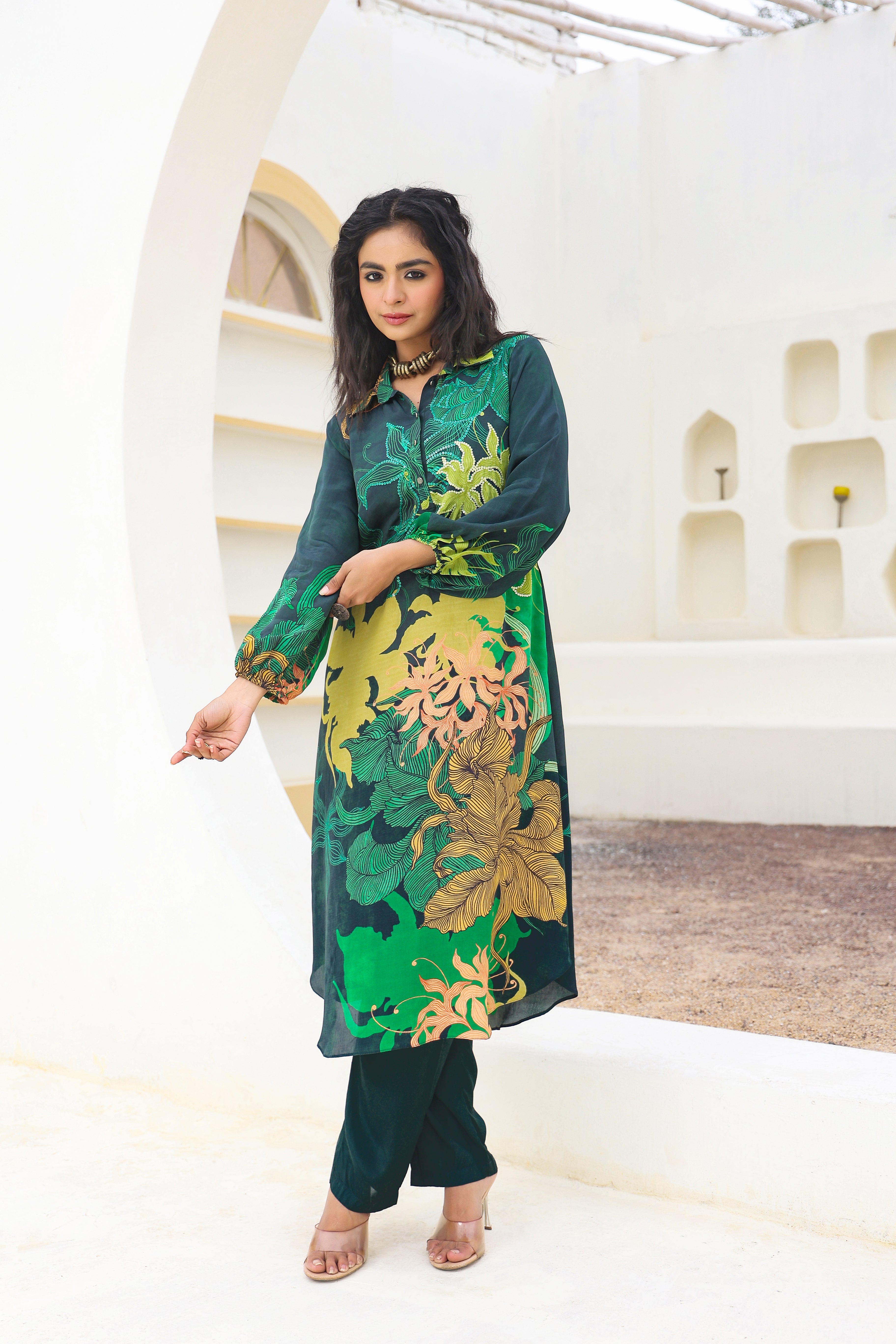 Emerald Floral Printed Crepe Silk Kurta Pants Set