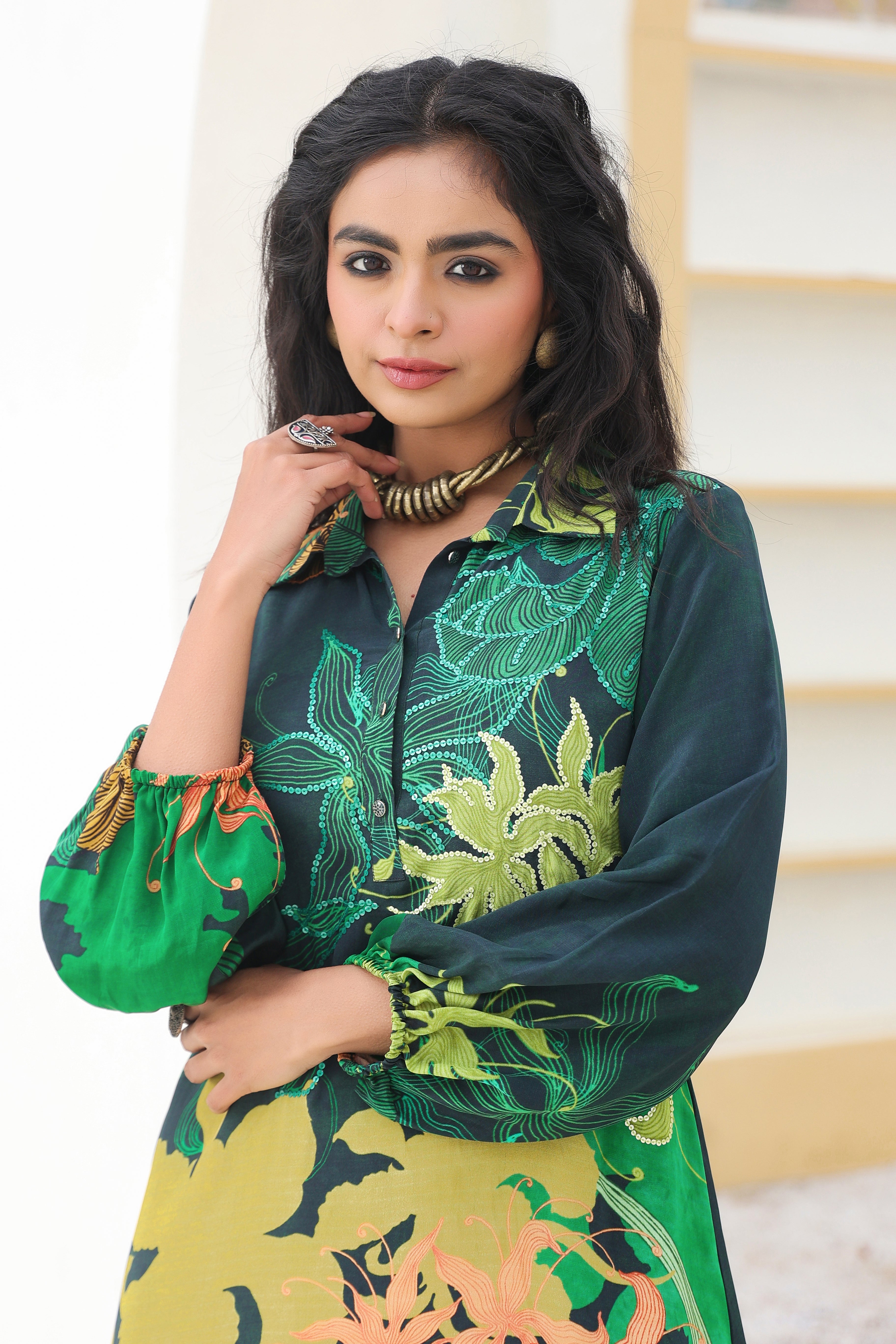 Emerald Floral Printed Crepe Silk Kurta Pants Set