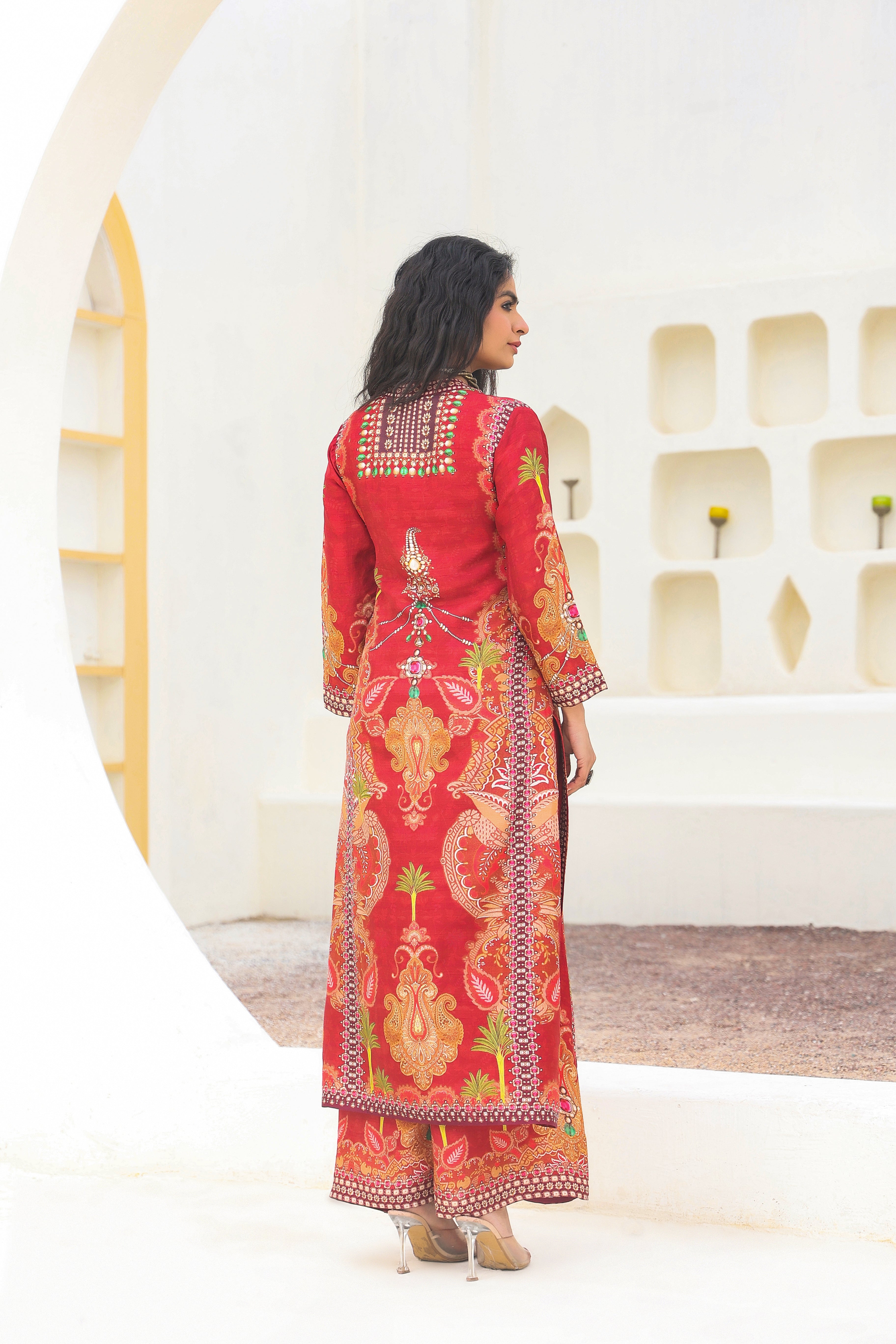 Red Ethnic Printed Dola Silk Kurta Palazzo Set