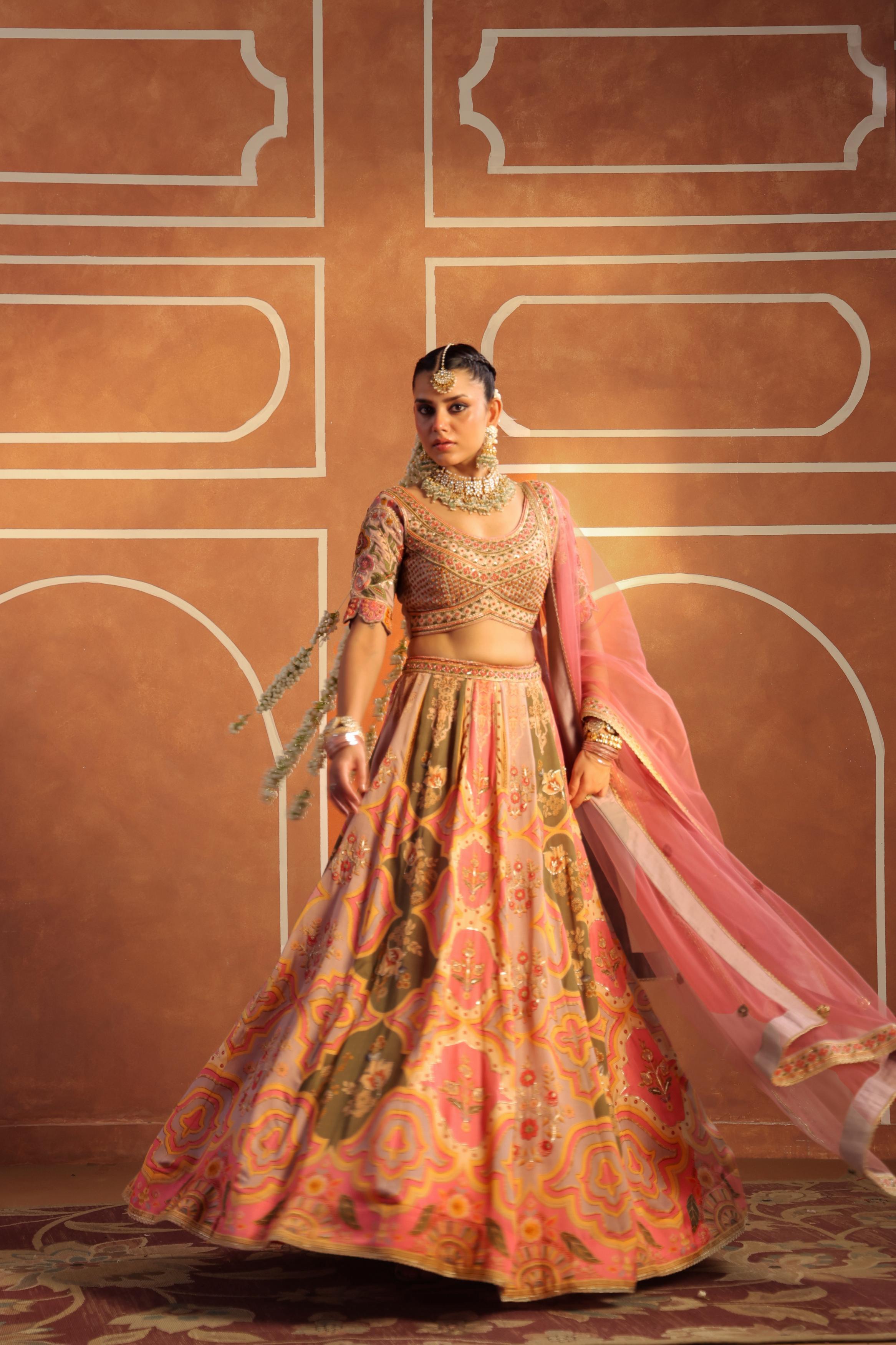 Blush Peach Embellished Linen Satin Lehenga Set