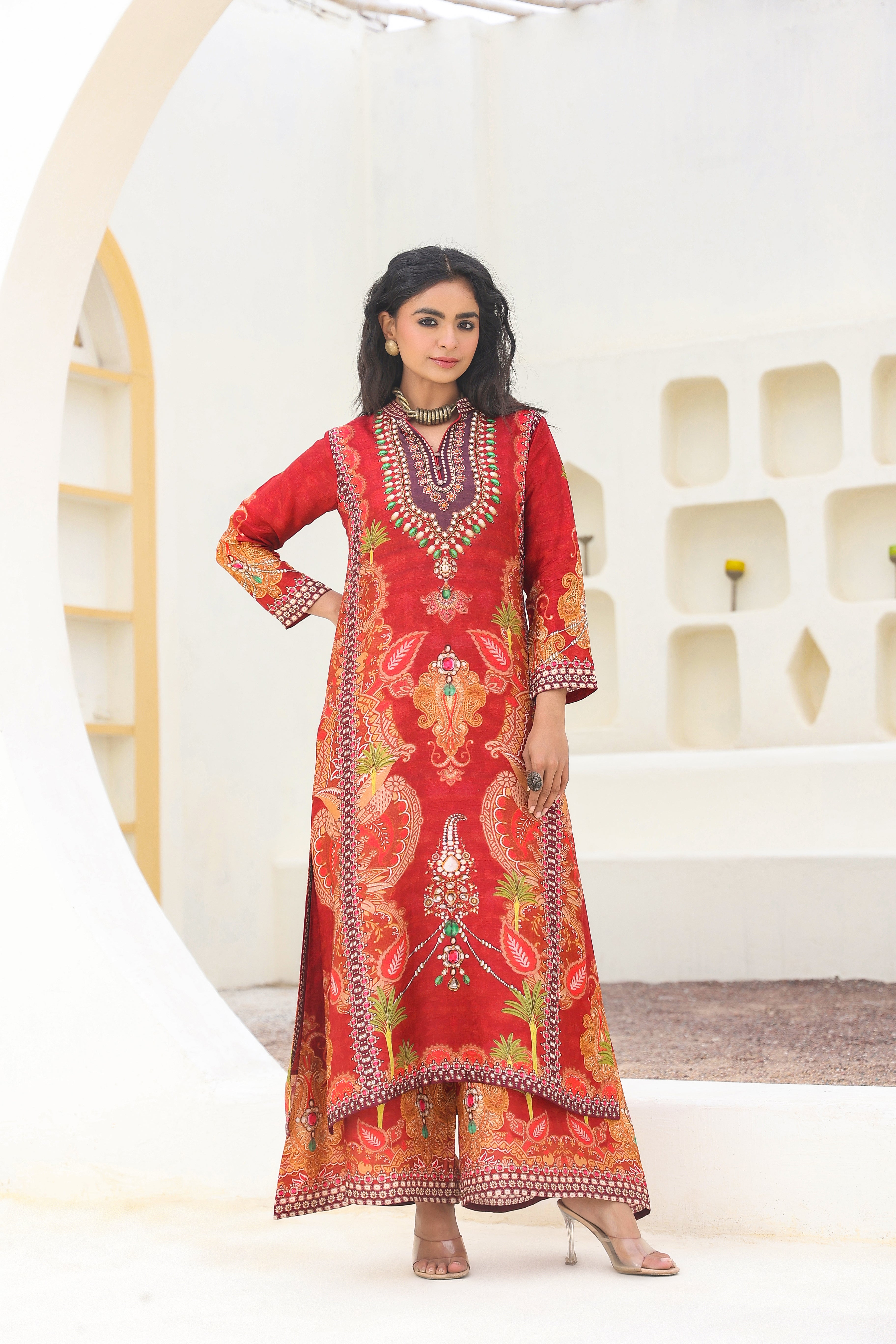 Red Ethnic Printed Dola Silk Kurta Palazzo Set