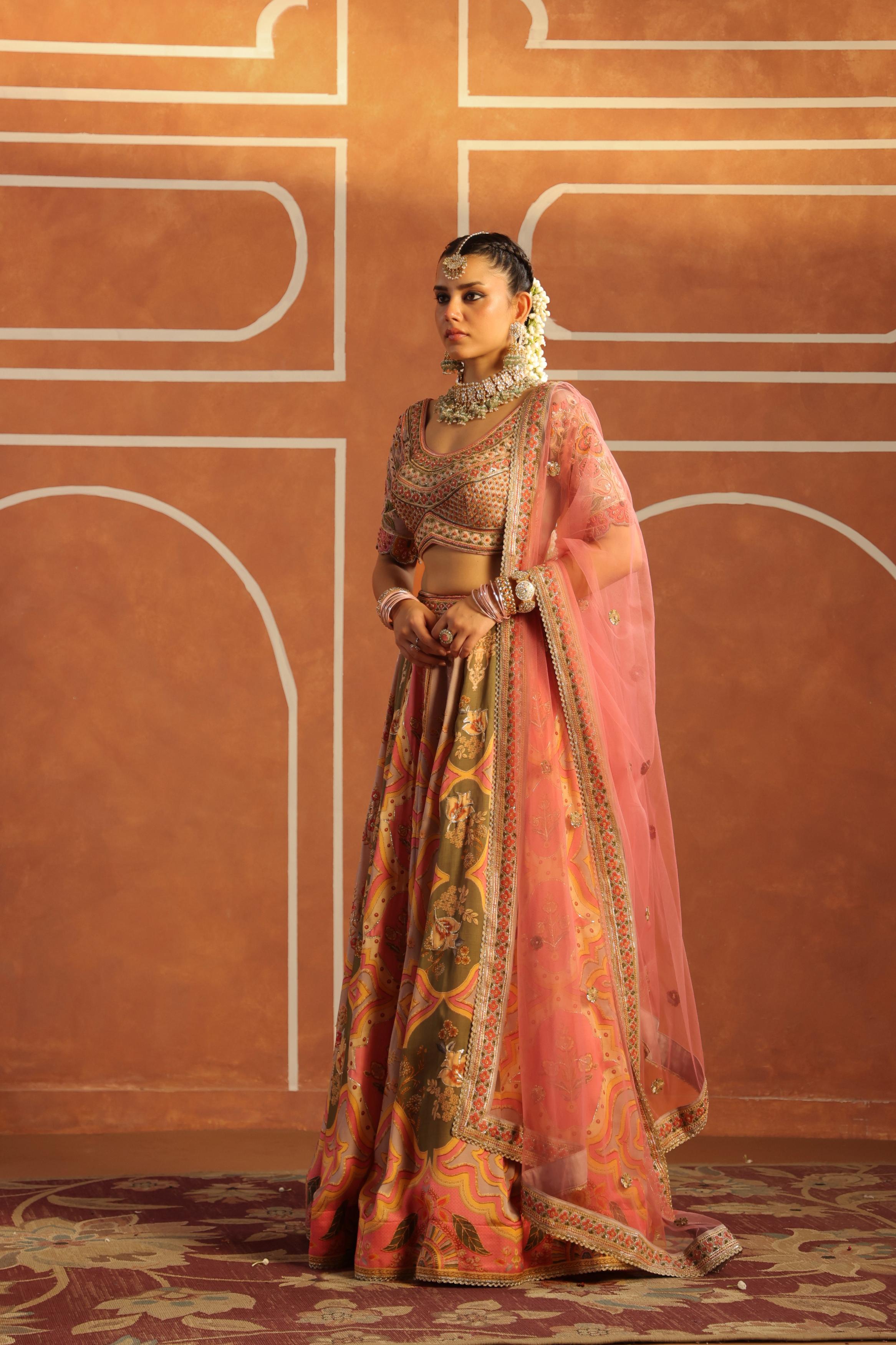 Blush Peach Embellished Linen Satin Lehenga Set