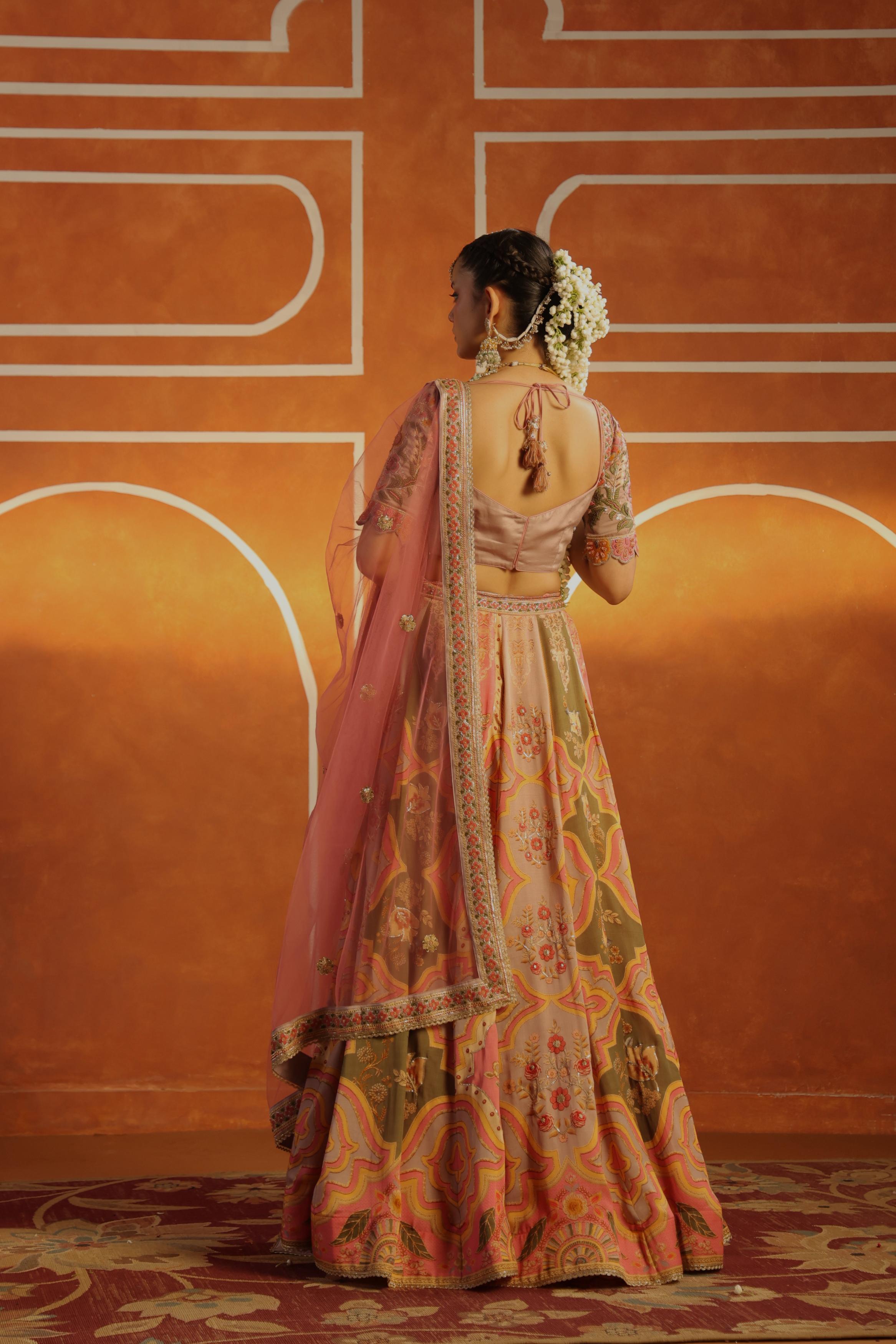 Blush Peach Embellished Linen Satin Lehenga Set