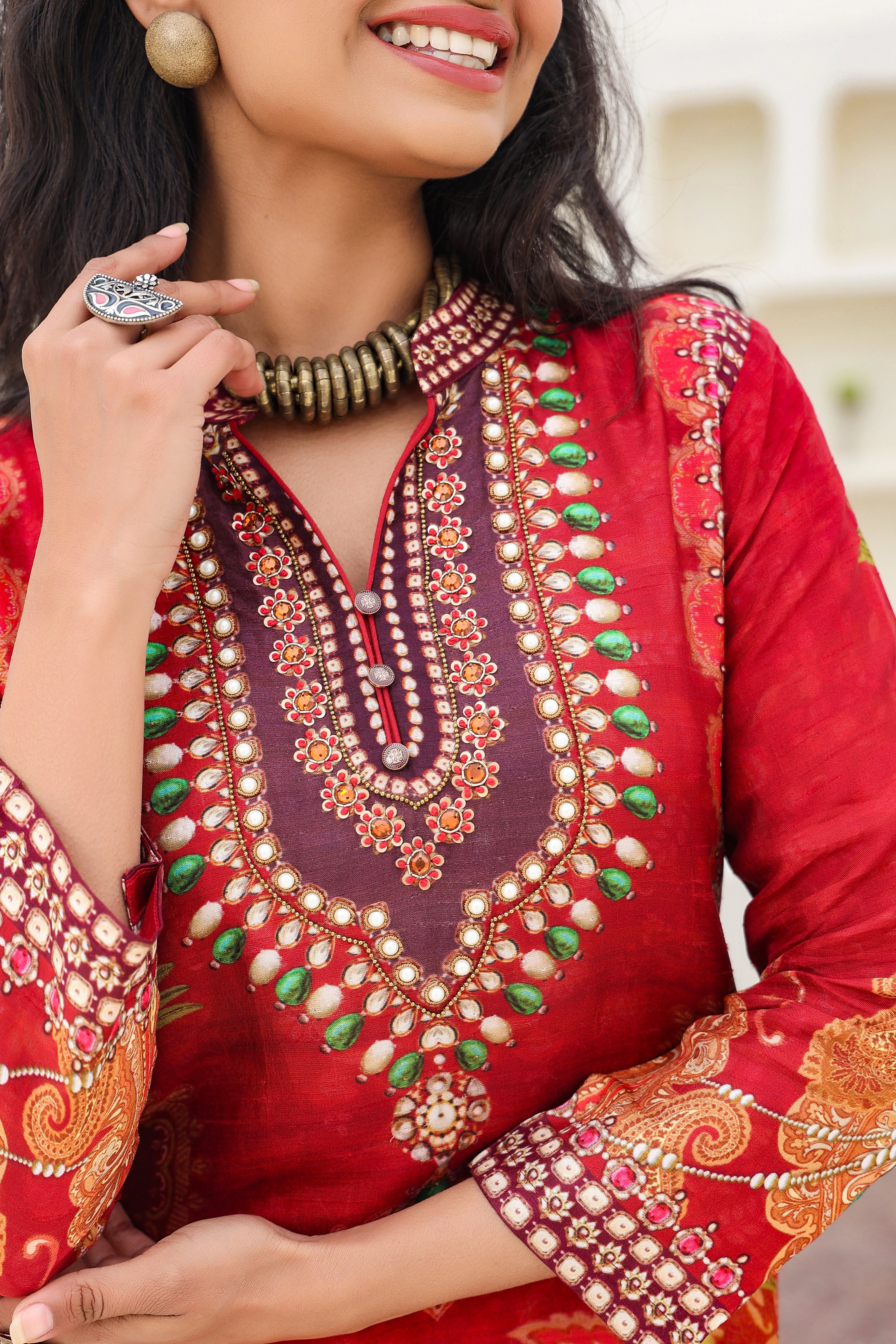 Red Ethnic Printed Dola Silk Kurta Palazzo Set