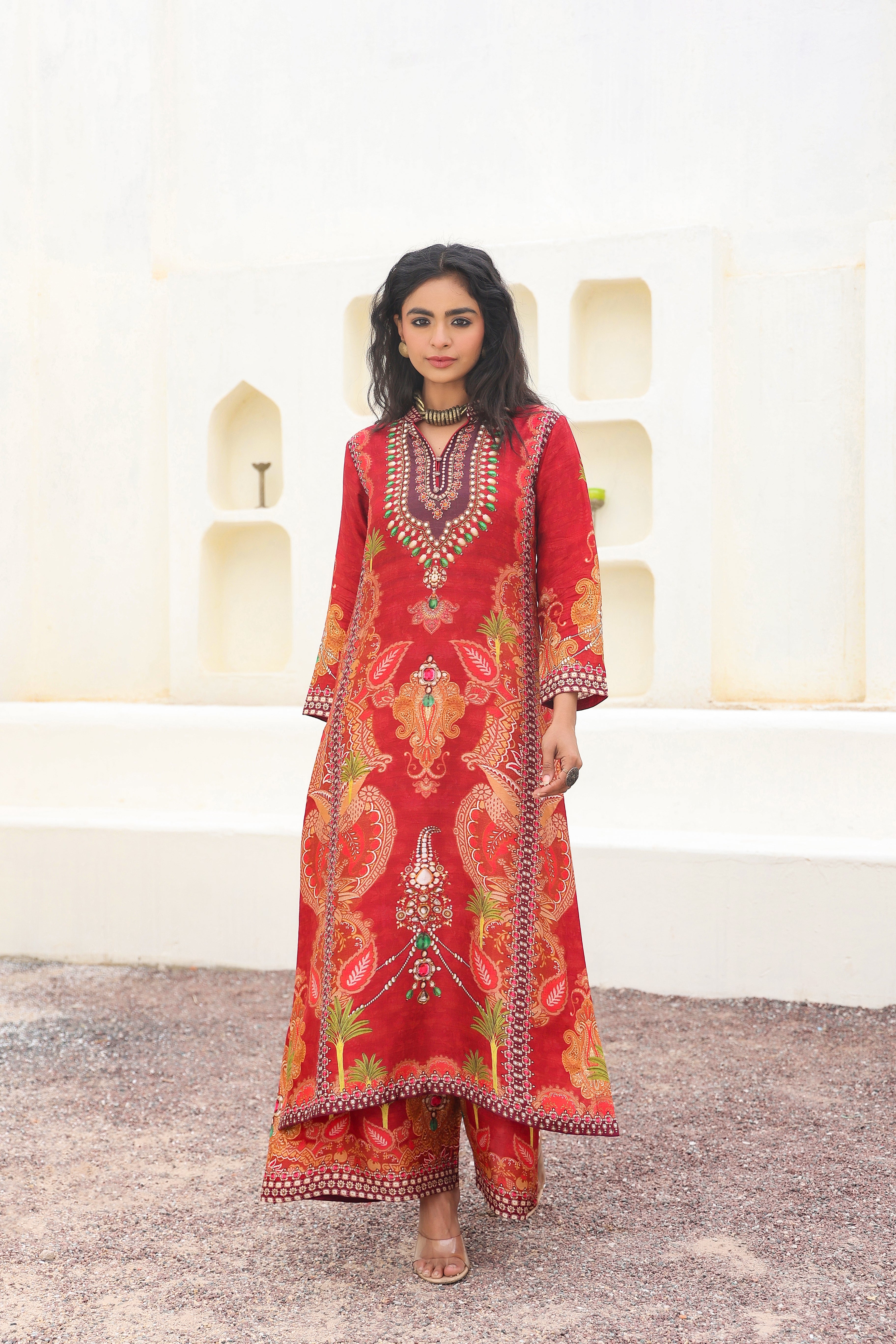 Red Ethnic Printed Dola Silk Kurta Palazzo Set