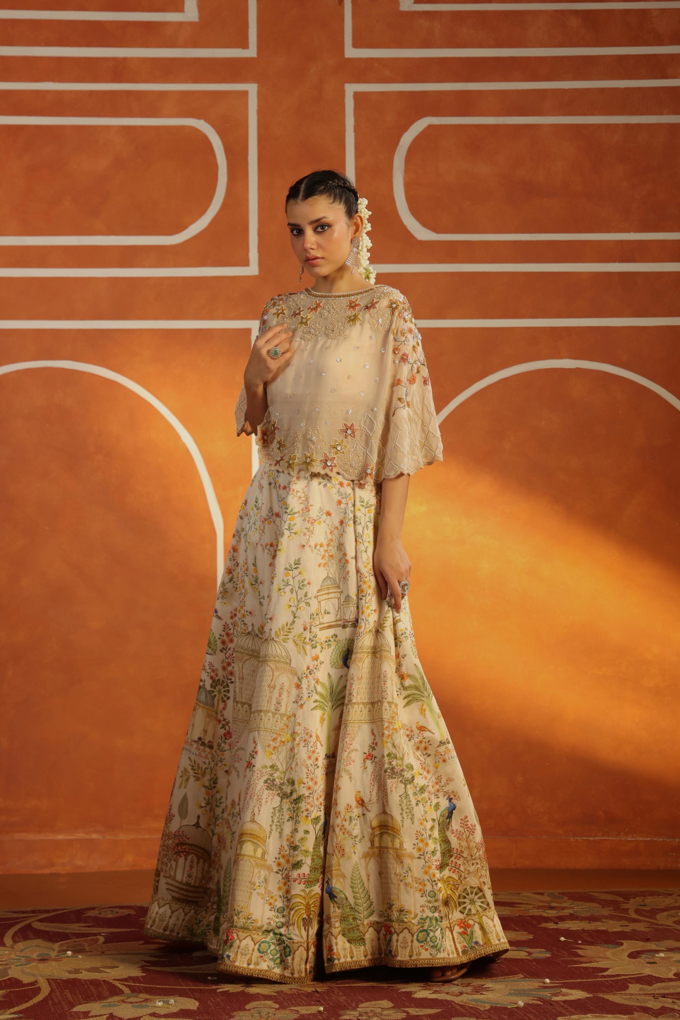 Beige Printed Linen Satin Silk Lehenga Set