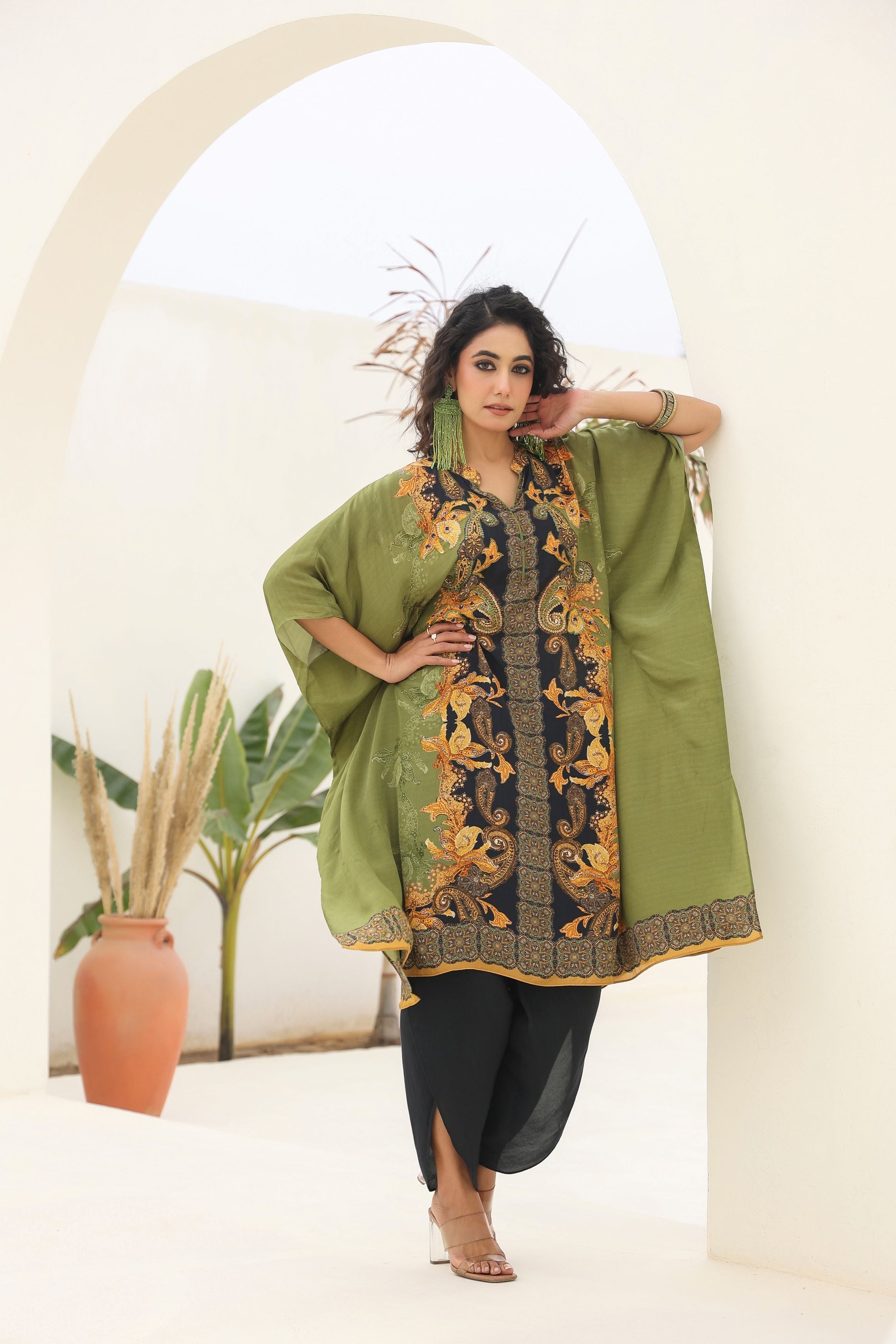 Green Traditional Printed Crepe Silk Kaftan Set