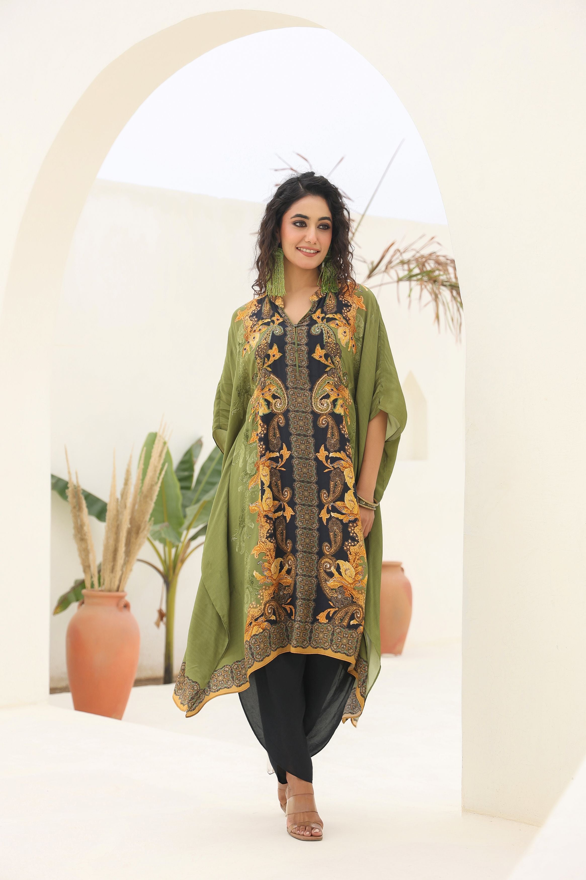 Green Traditional Printed Crepe Silk Kaftan Set