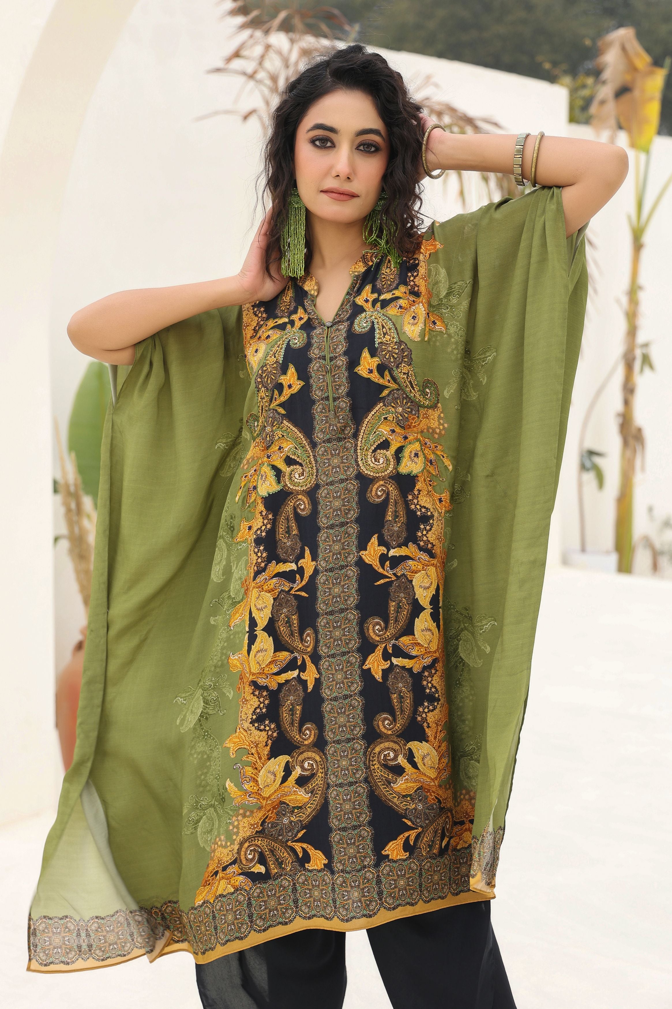 Green Traditional Printed Crepe Silk Kaftan Set