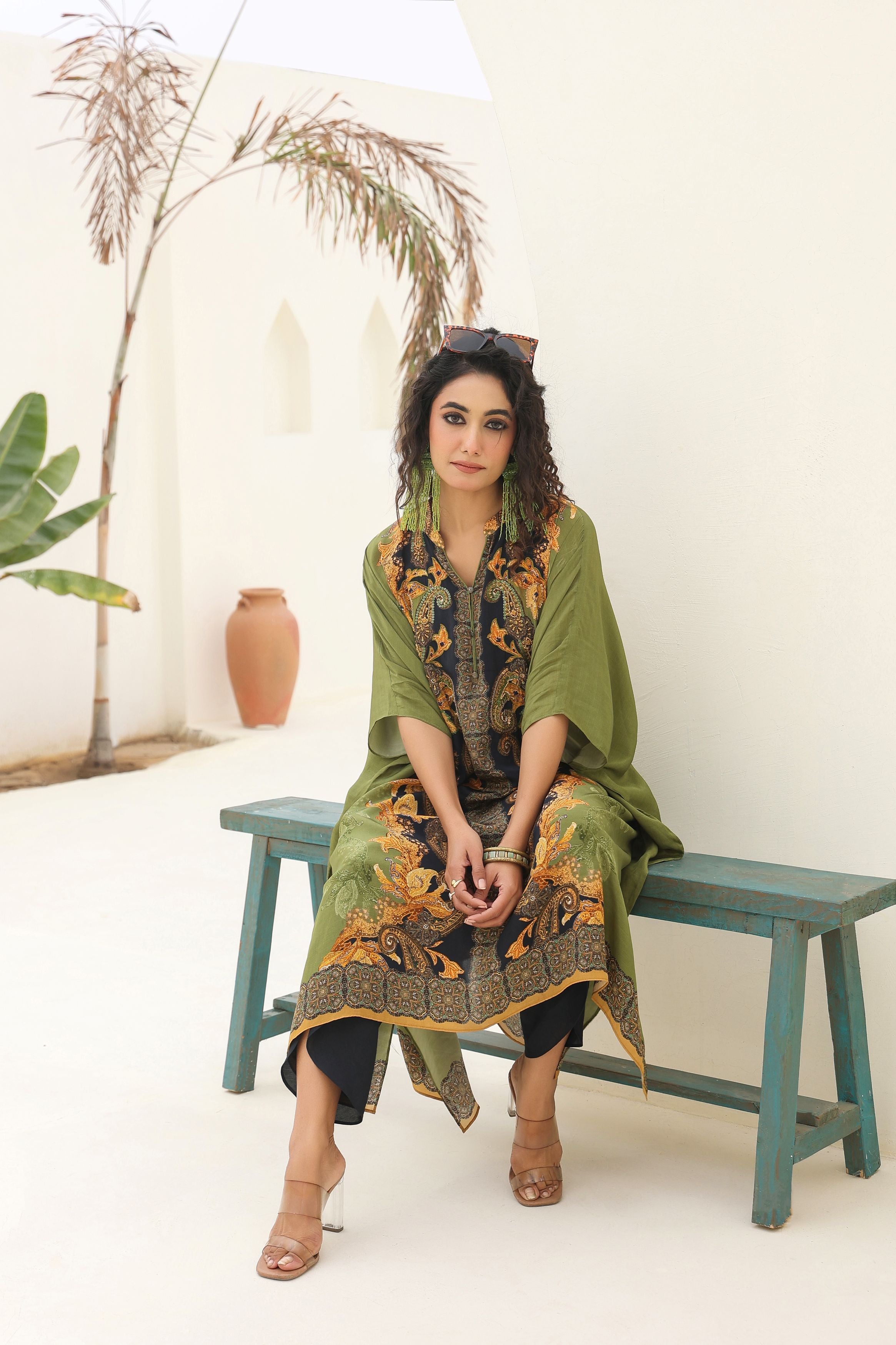 Green Traditional Printed Crepe Silk Kaftan Set