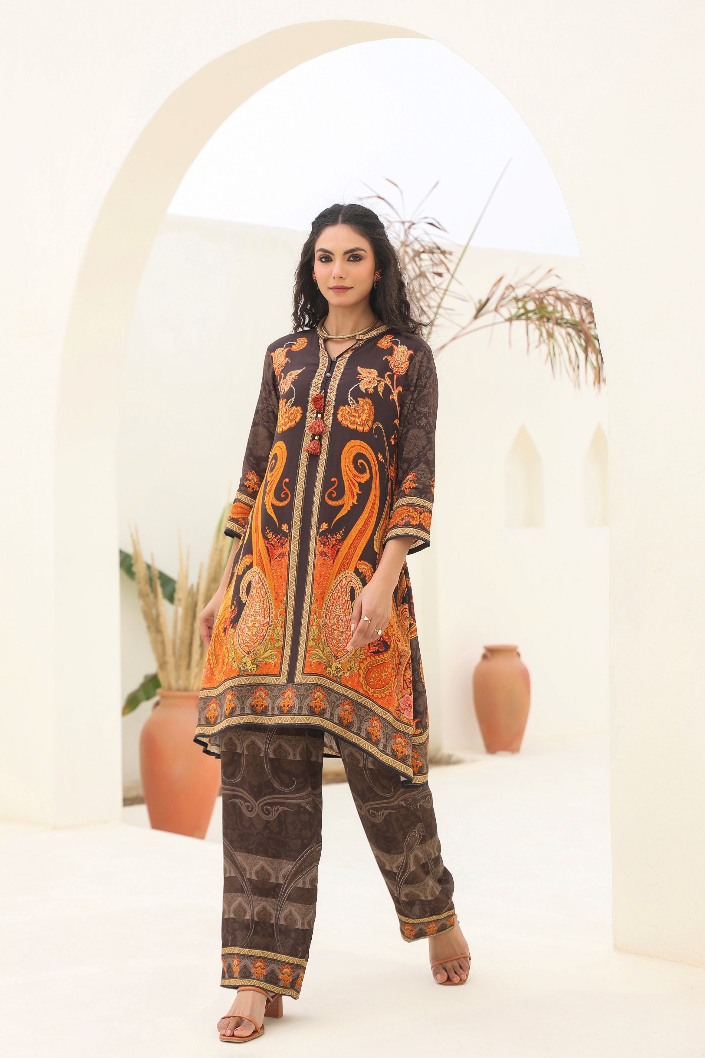 Brown Printed Crepe Silk Asymmetrical Co-Ord Set