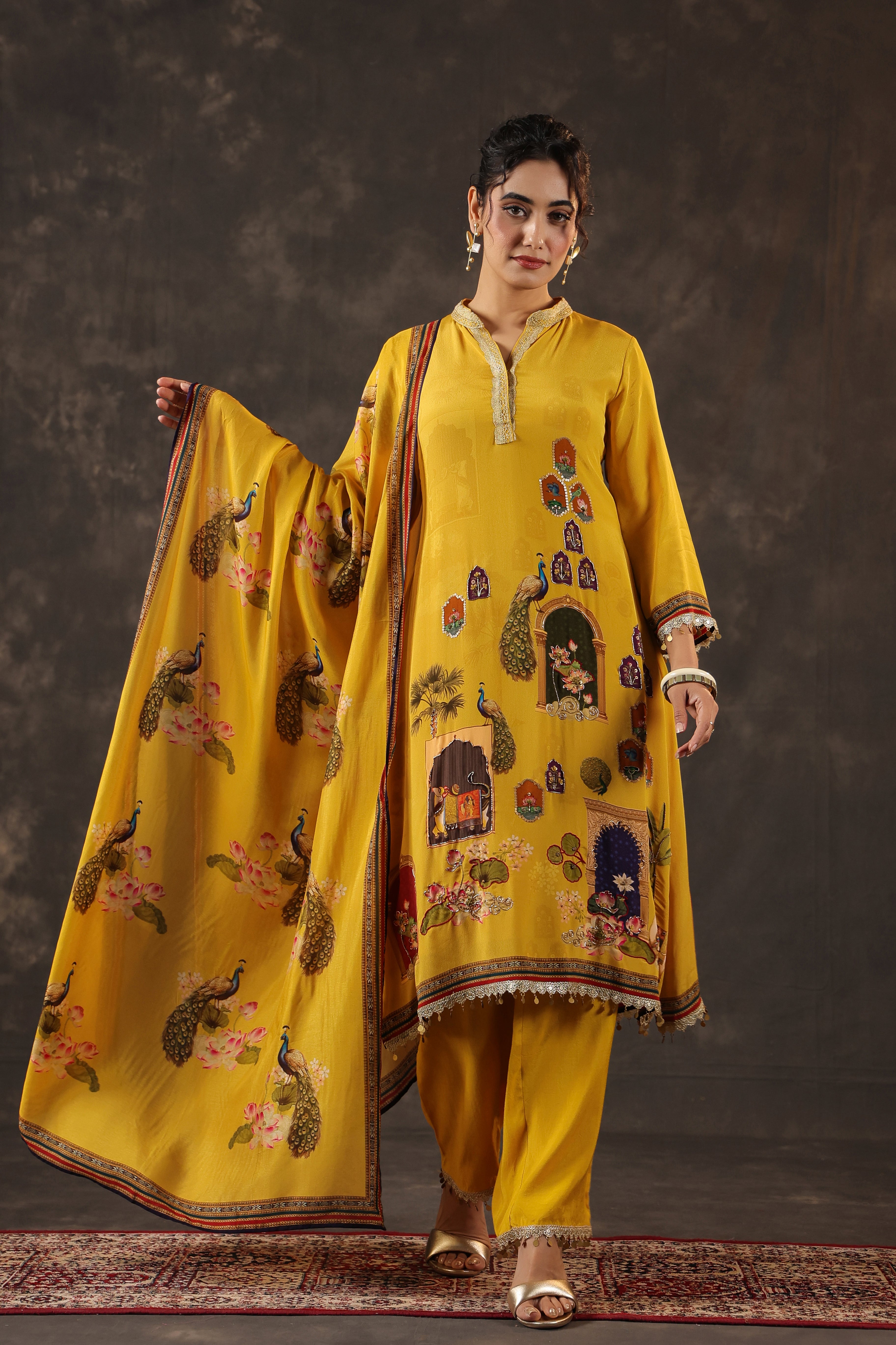 Saffron Yellow Printed Crepe Silk Pant Set