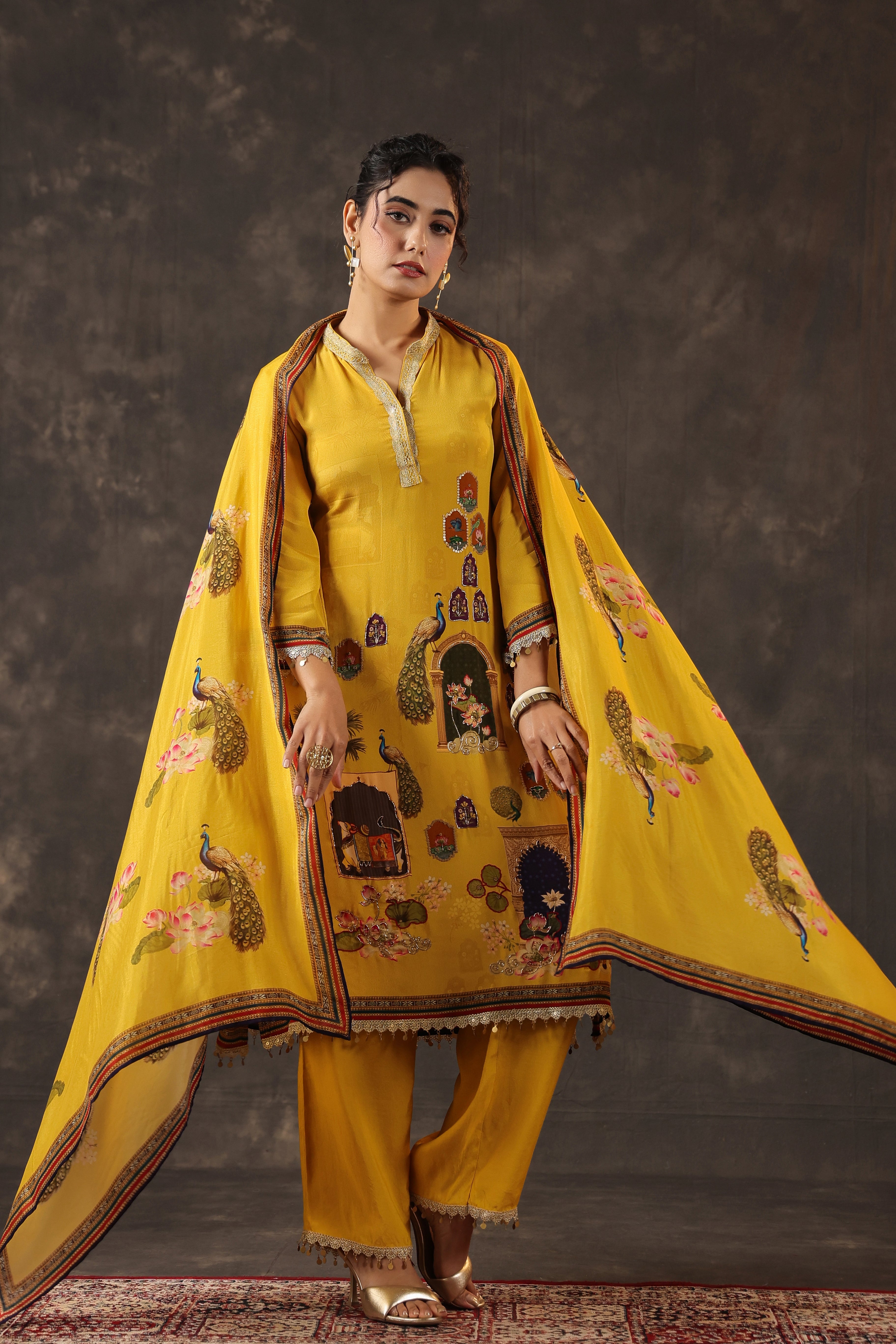 Saffron Yellow Printed Crepe Silk Pant Set