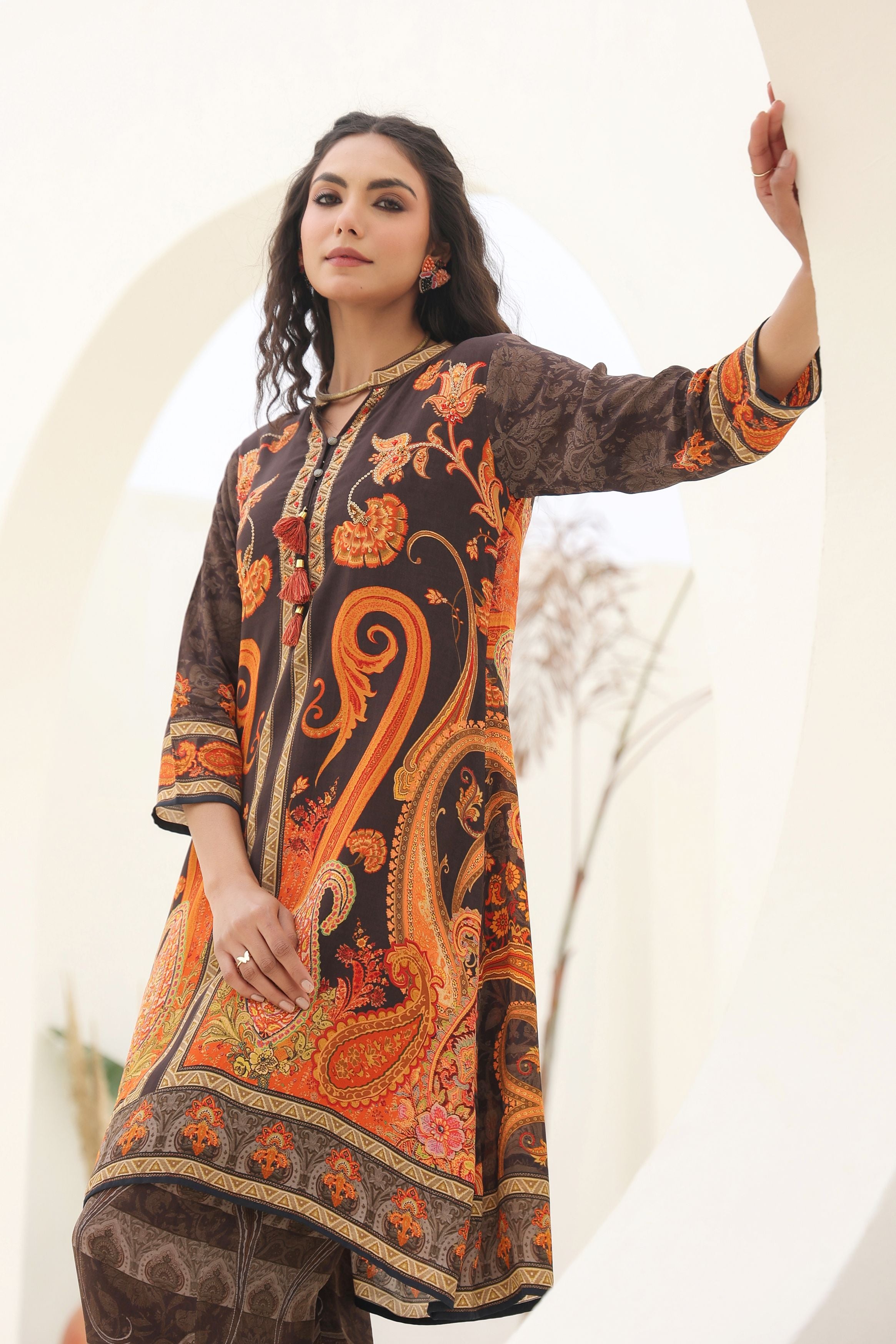 Brown Printed Crepe Silk Asymmetrical Co-Ord Set