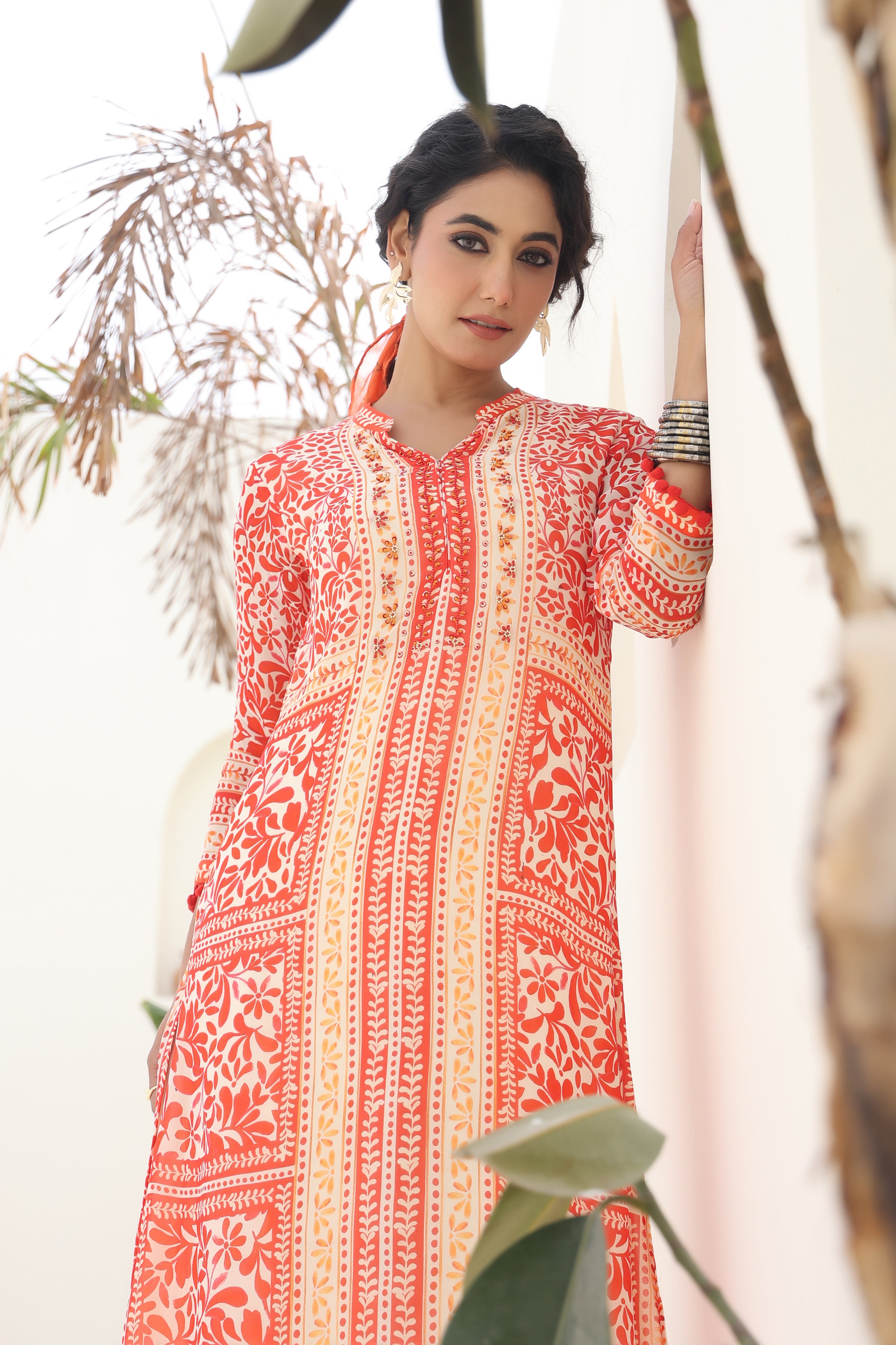 Cream Traditional Printed Georgette Silk Kurta Pants Set