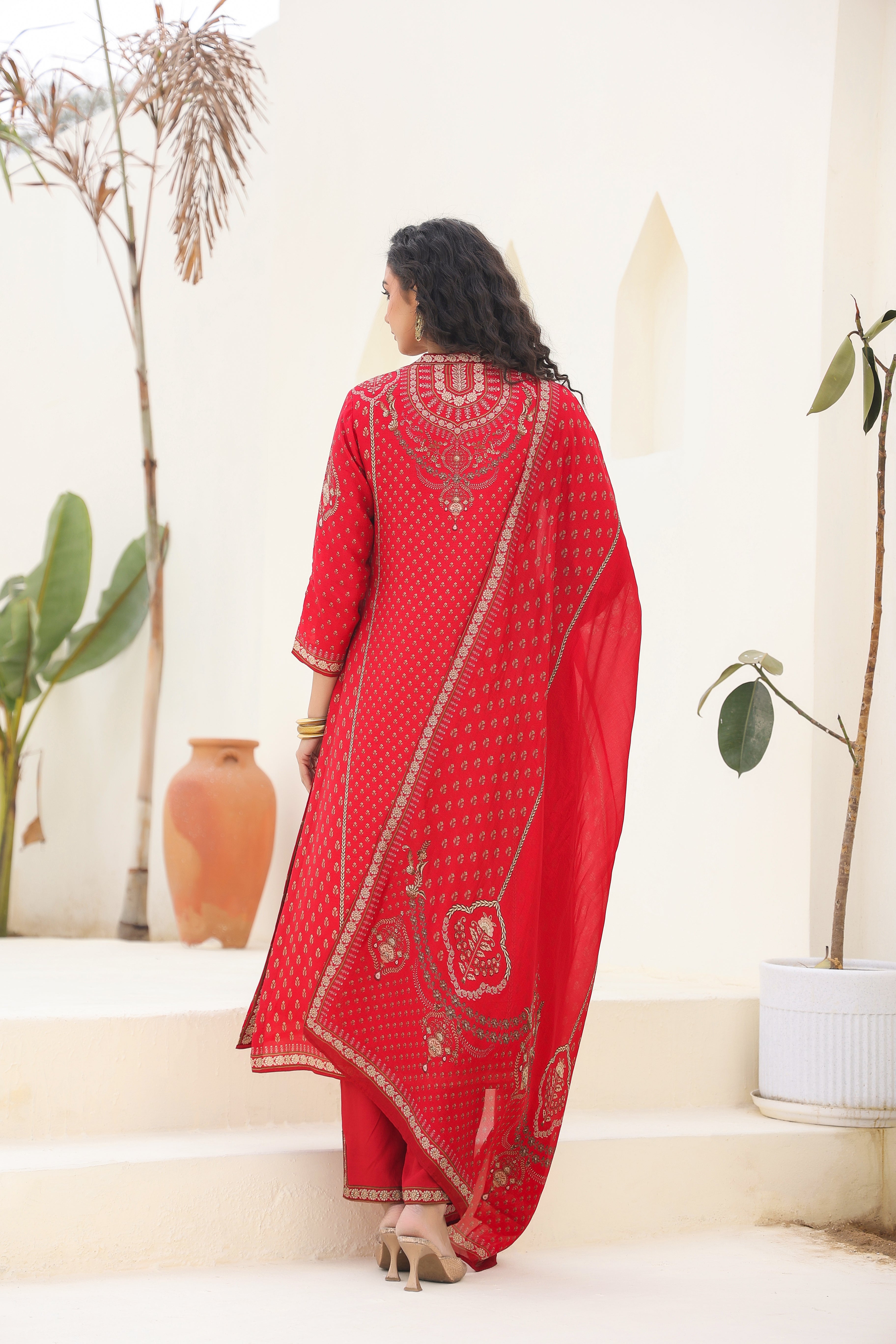 Crimson Red Traditional Printed Dola Silk Kurta Pants Set