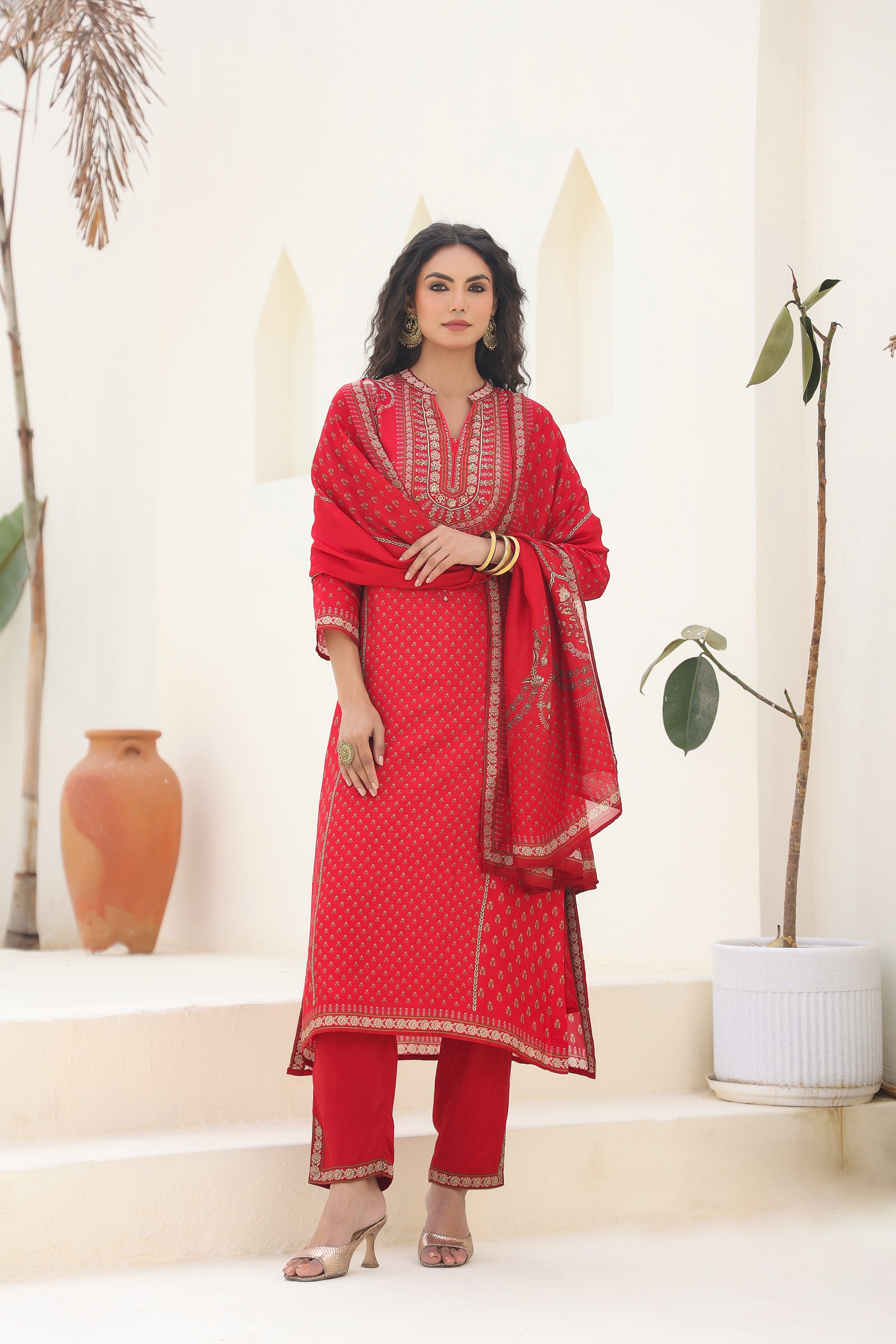 Crimson Red Traditional Printed Dola Silk Kurta Pants Set