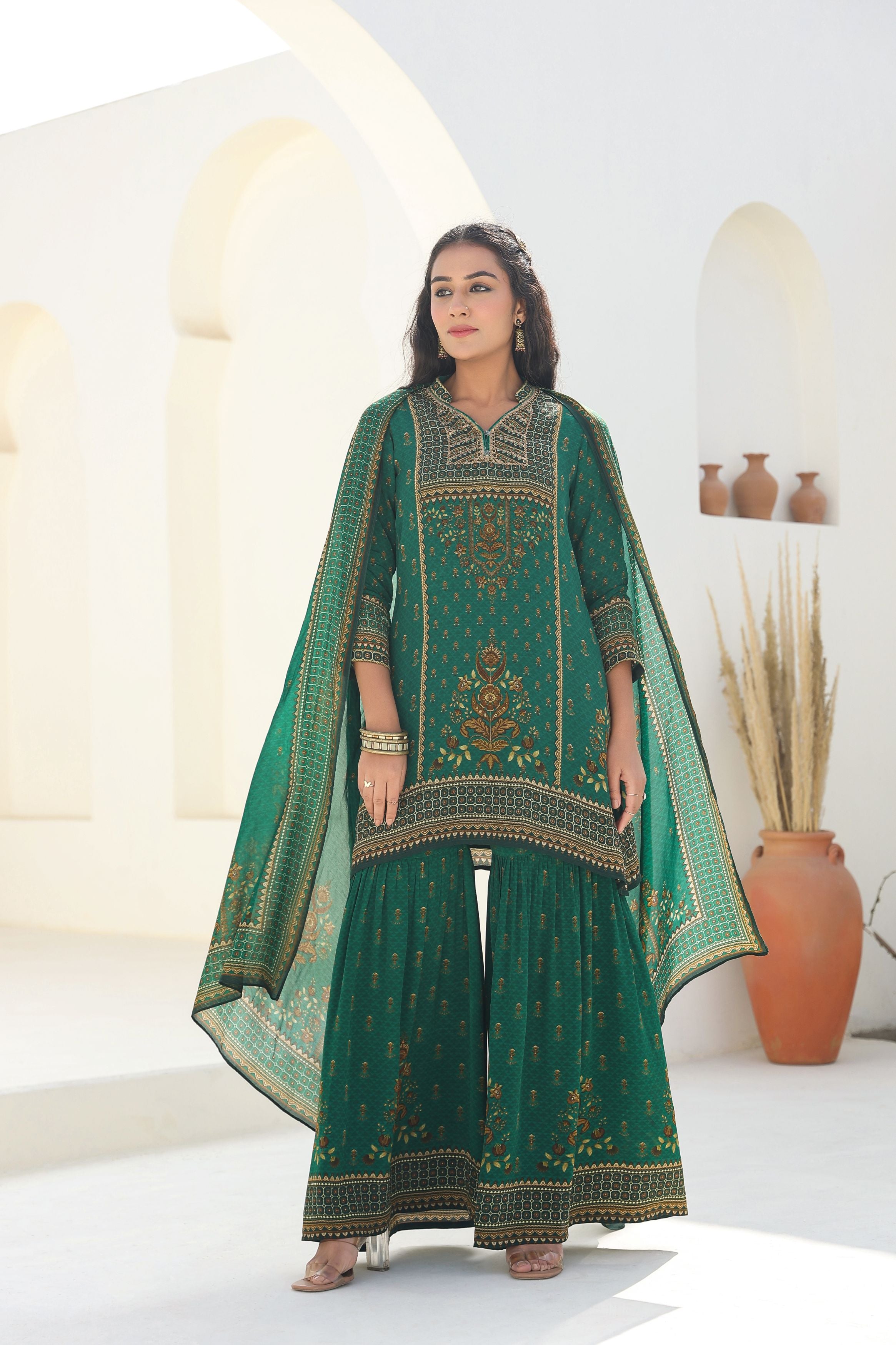 Green Ethnic Printed Crepe Silk Sharara Set