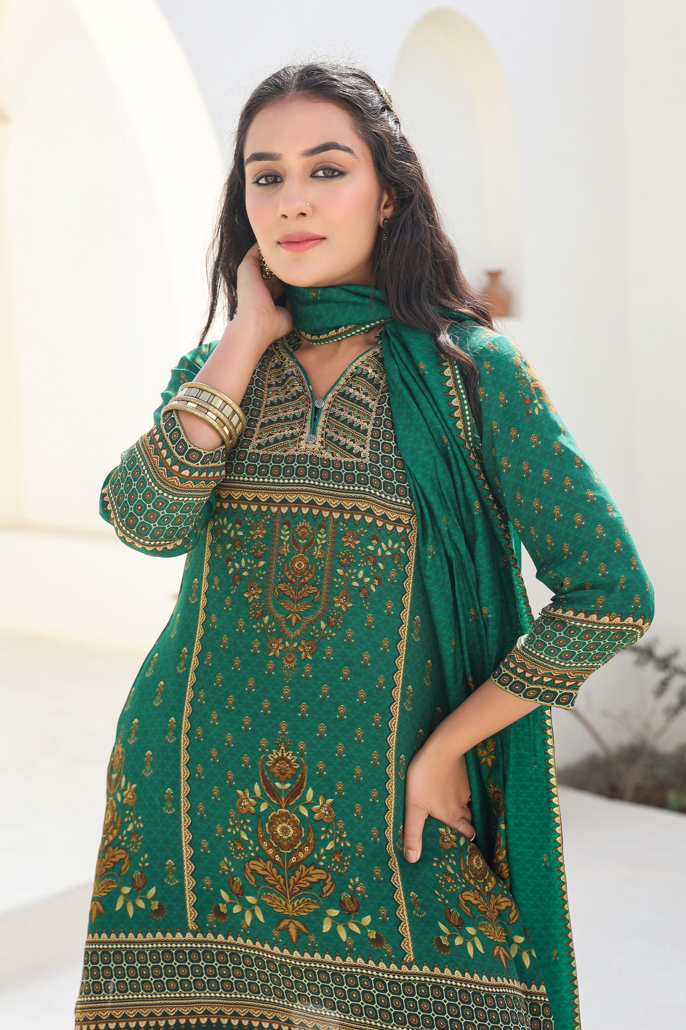 Green Ethnic Printed Crepe Silk Sharara Set