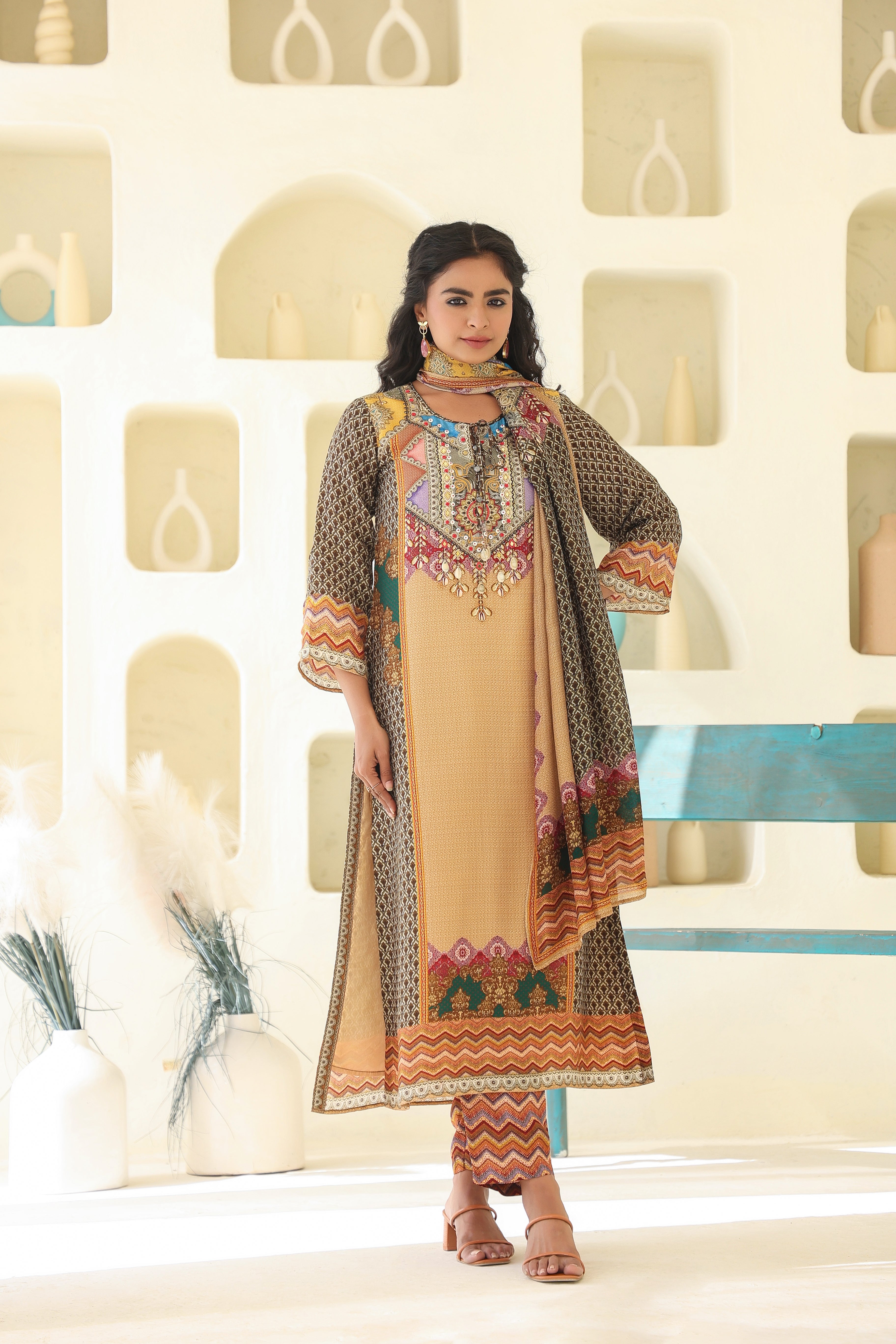 Beige Ethnic Printed Dola Silk Kurta Pants Set