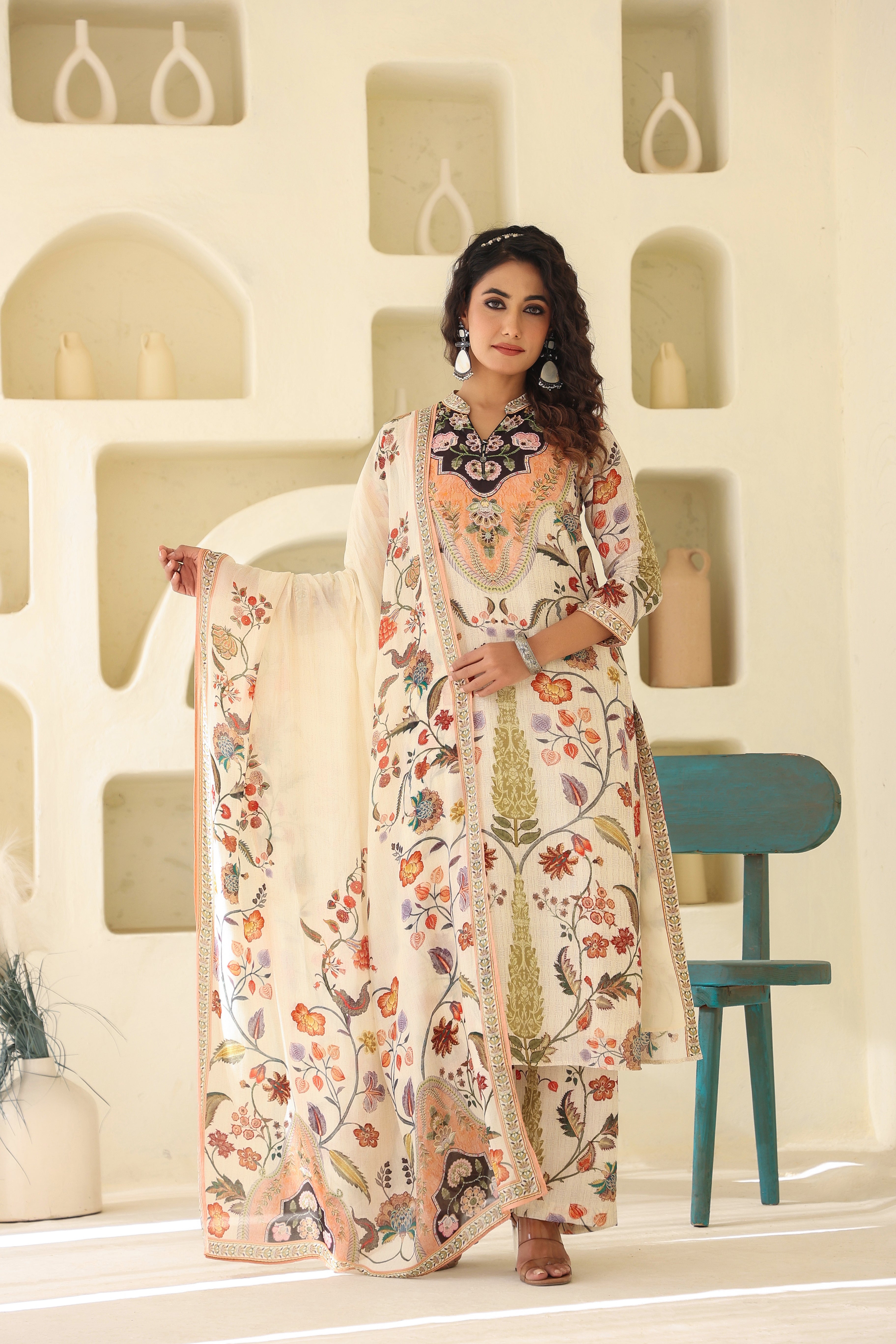 Floral Tale Traditional Printed Dola Silk Kurta Pants Set