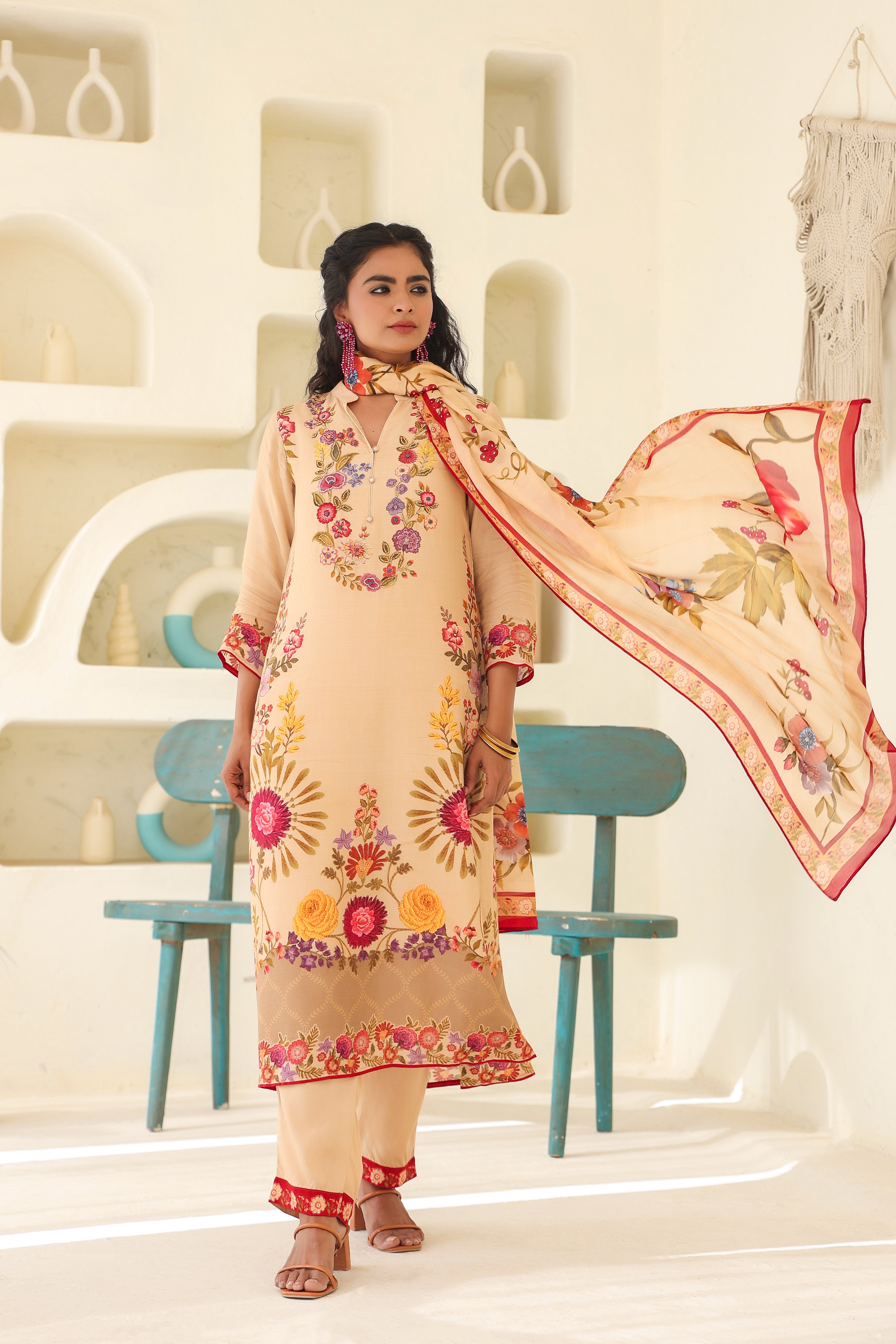 Peachy Cream Floral Printed Dola Silk Kurta Pants Set