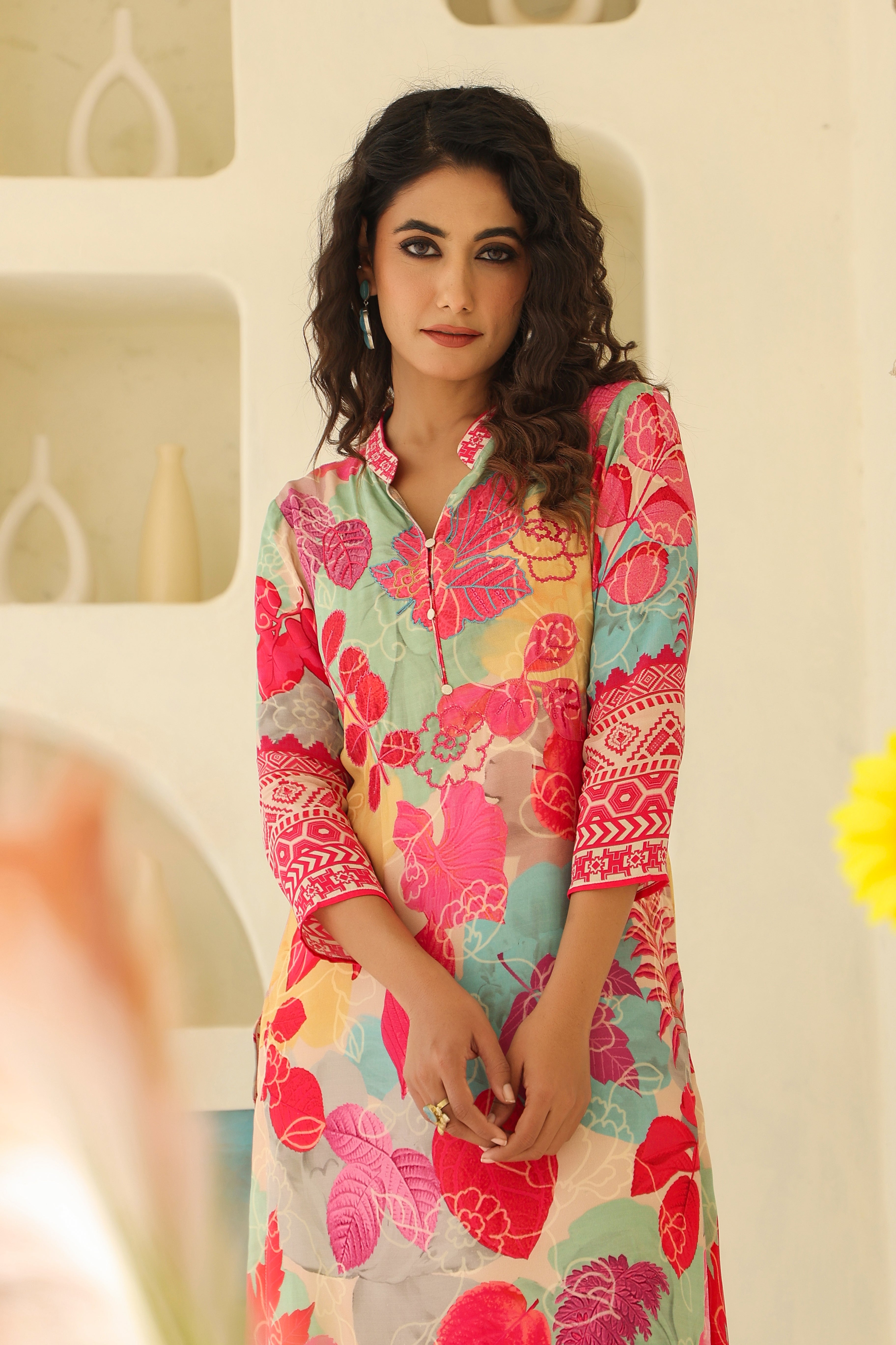 Pink Floral Printed Crepe Silk Kurta Pants Set