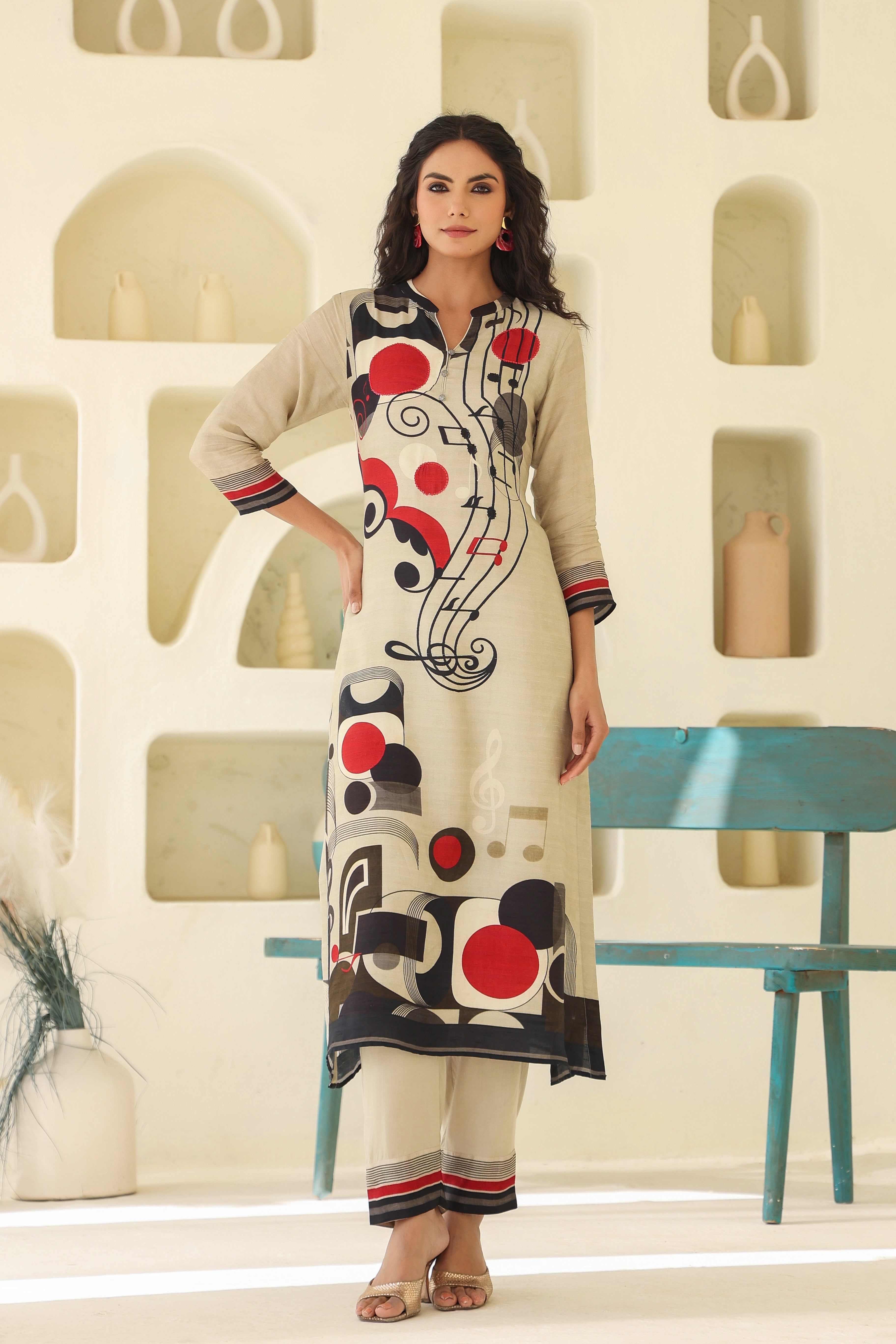 Champagne Abstract Printed Dola Silk Kurta Pants Set