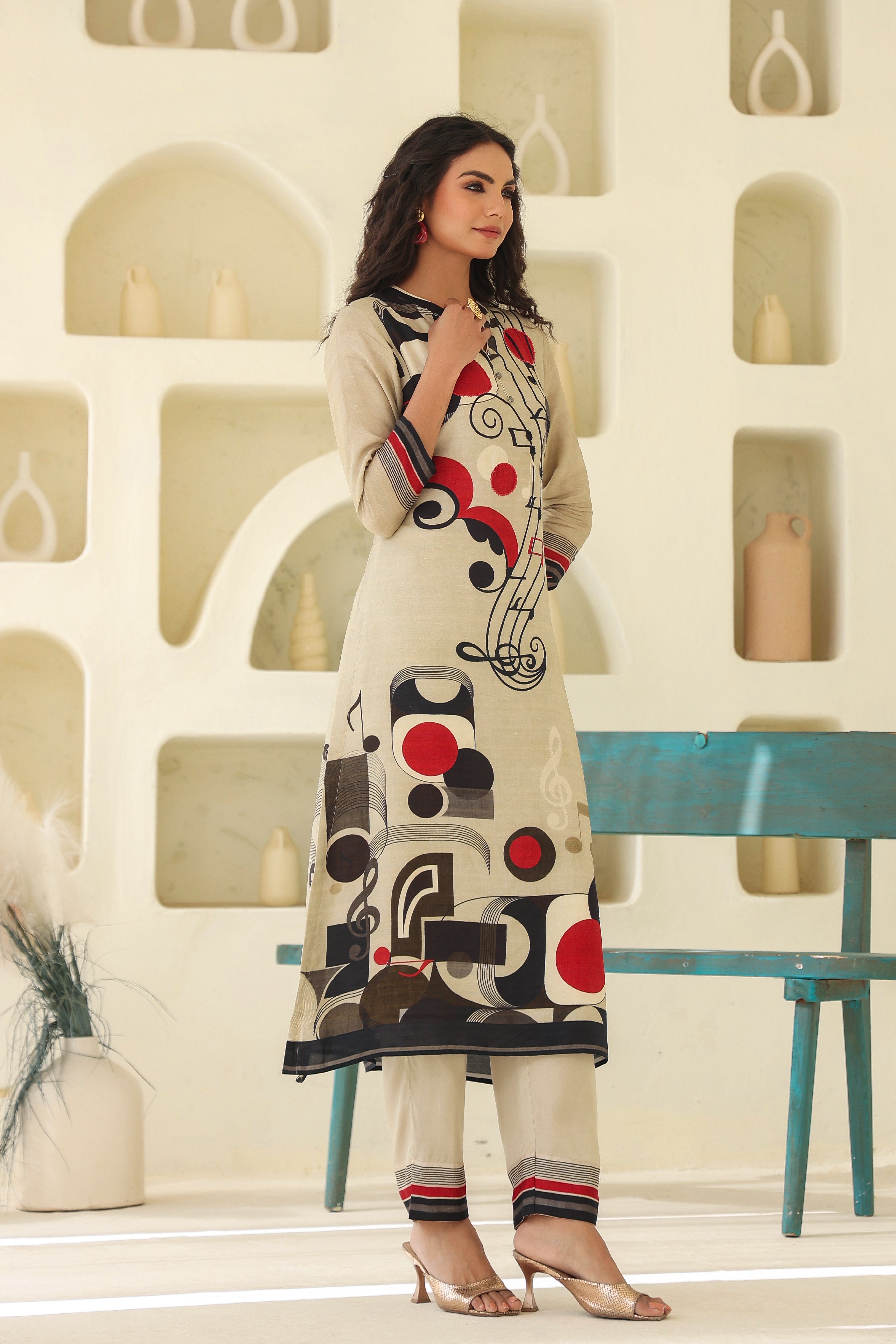 Champagne Abstract Printed Dola Silk Kurta Pants Set