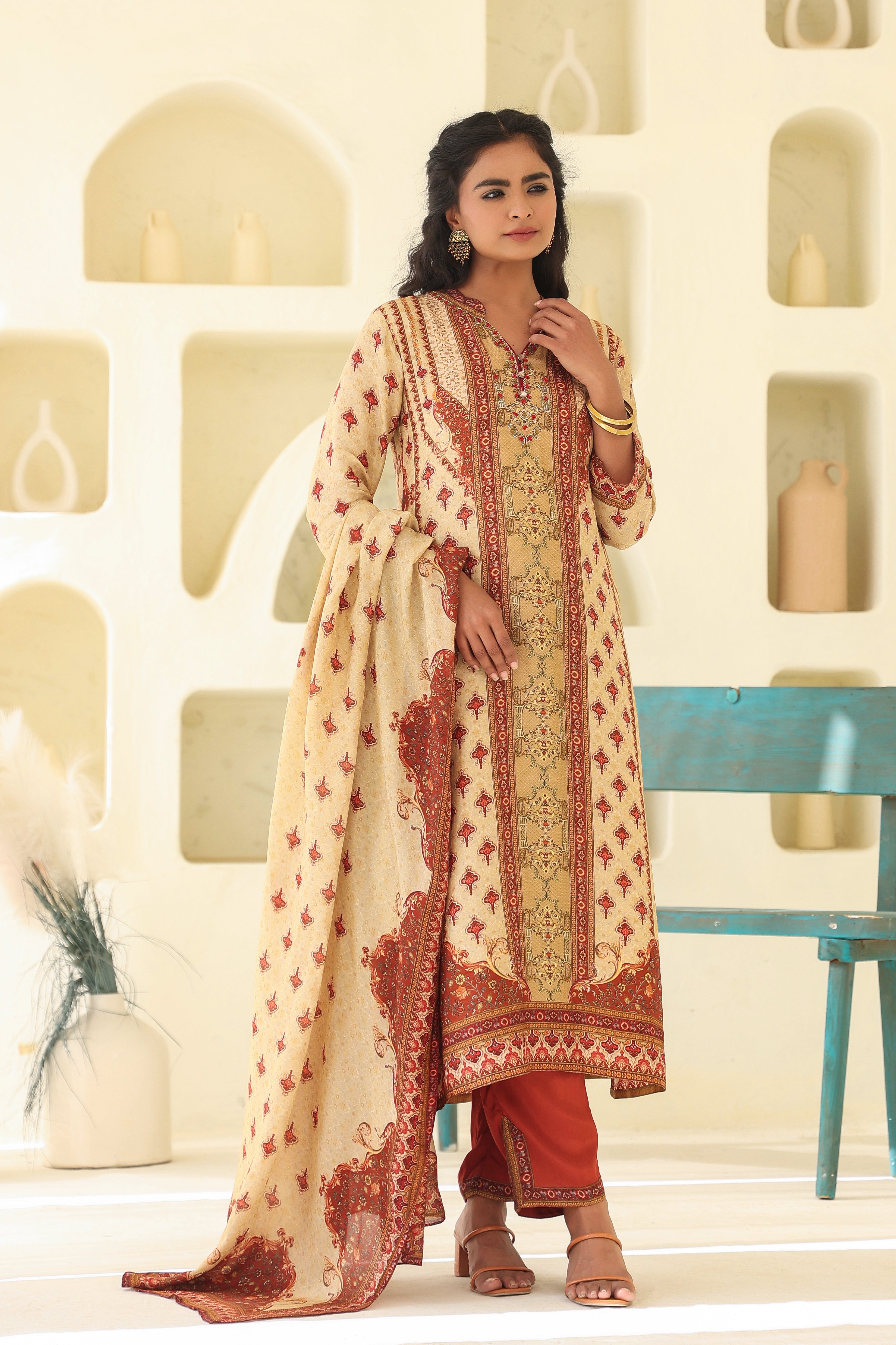 Beige Ethnic Printed Dola Silk Kurta Pants Set