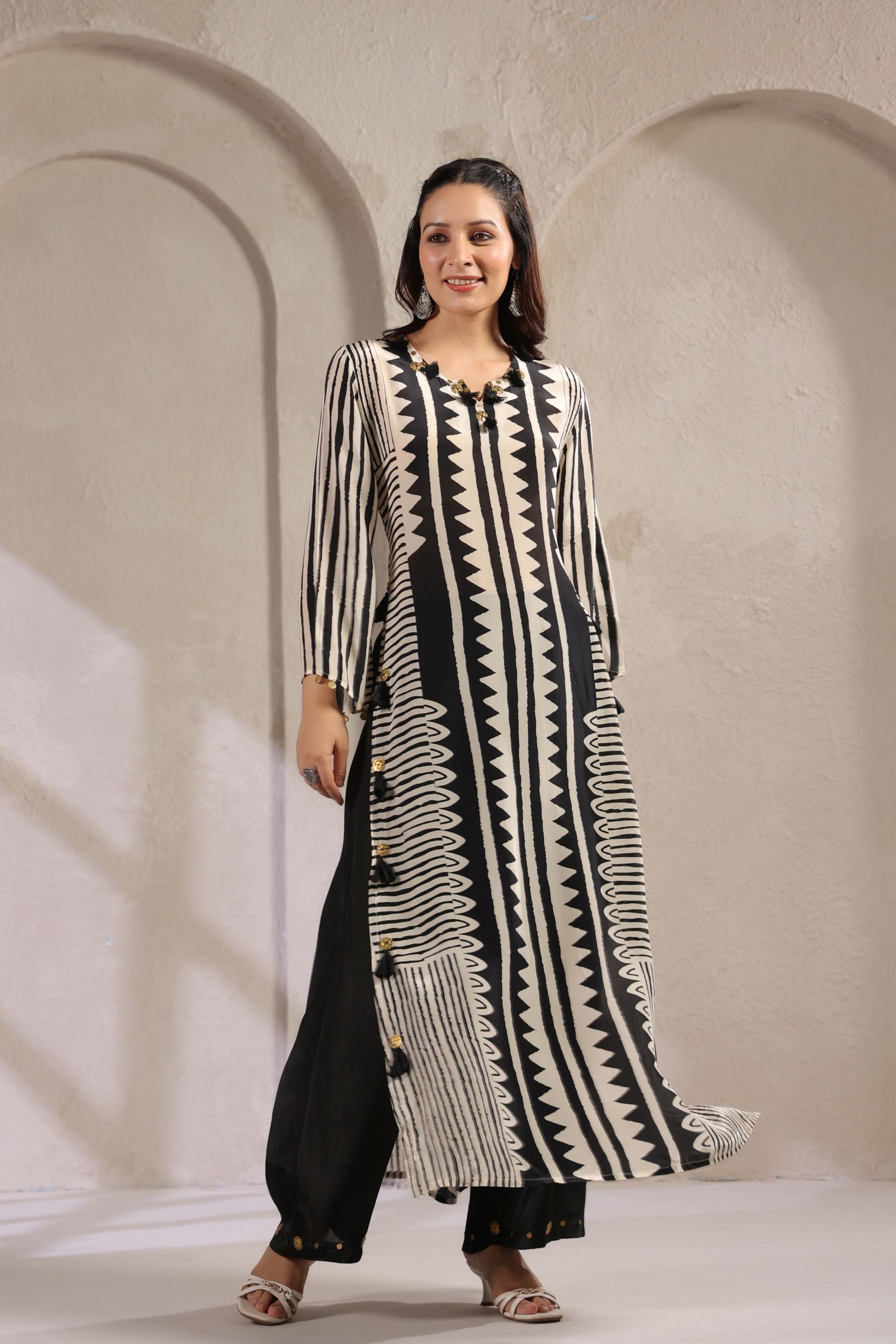 Rich Black & White Printed Italian Paper Silk Kurta Set