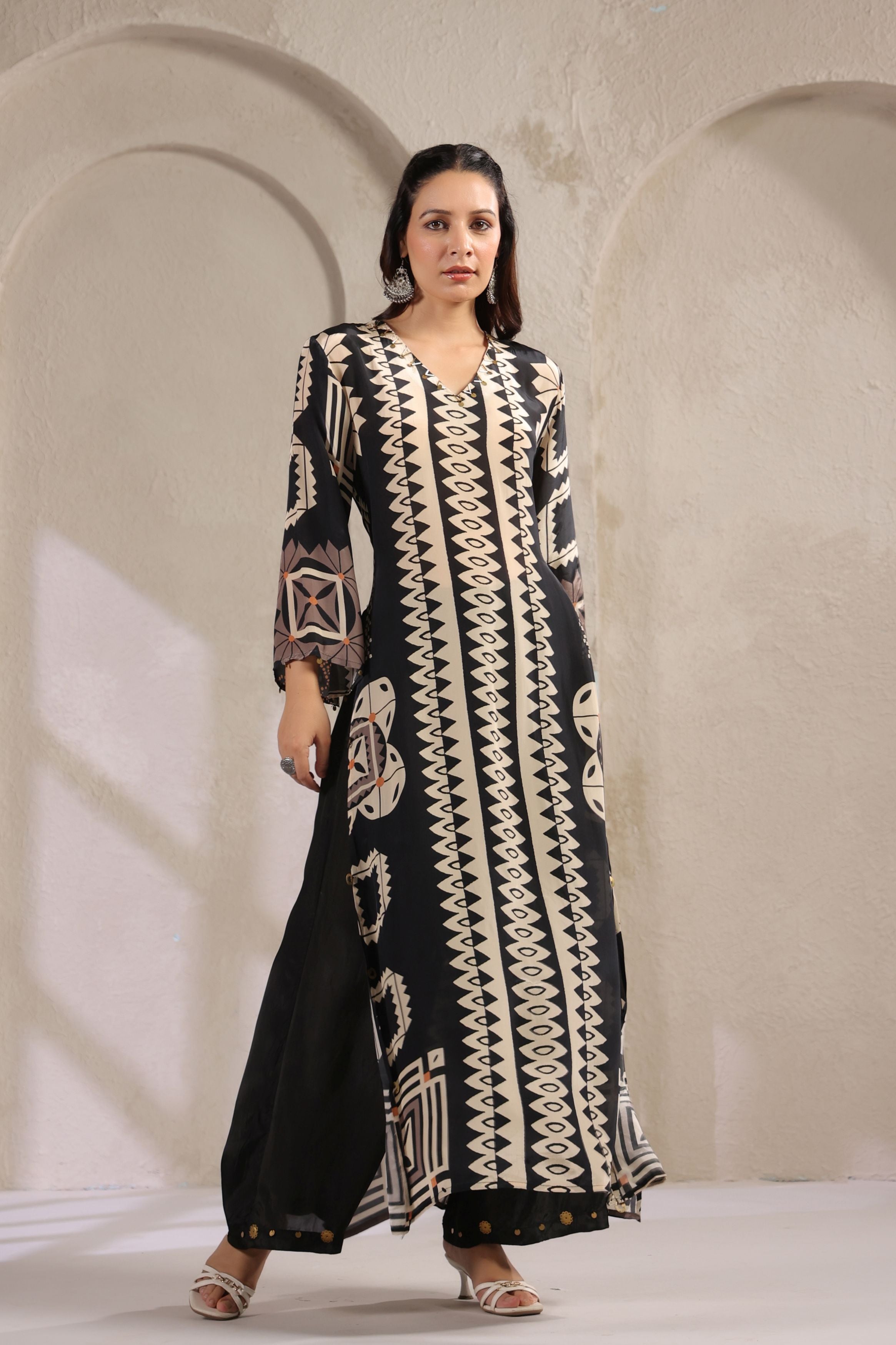 Classic Black Printed Italian Paper Silk Kurta Set
